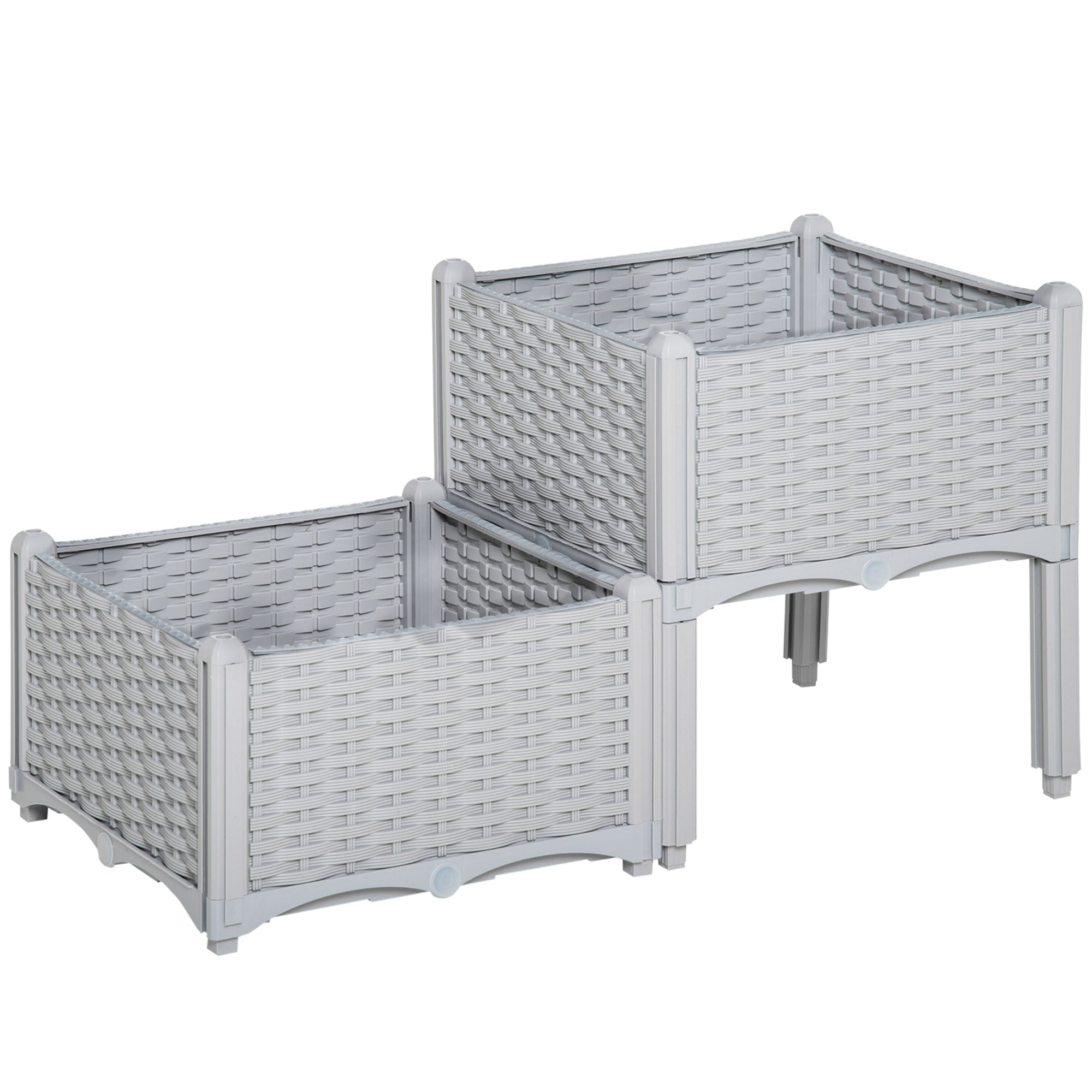 Set of 2 Outdoor Square Planters Imitation Wicker Free Combination Plant Pots for Garden Patio 40x40x26/44 cm Gray