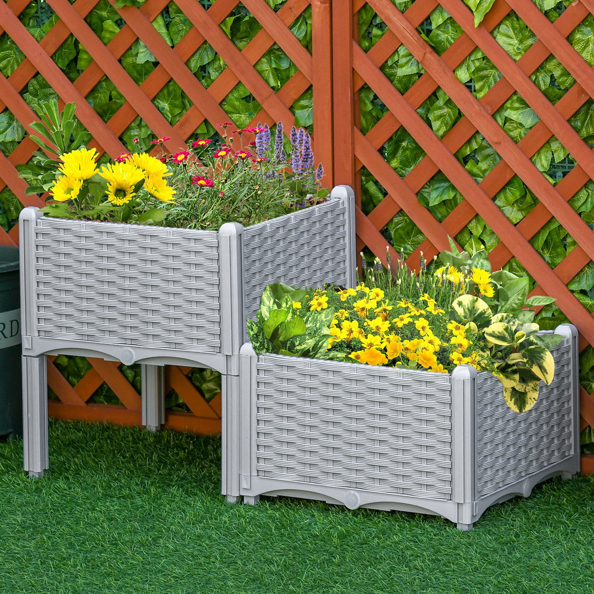 Set of 2 Outdoor Square Planters Imitation Wicker Free Combination Plant Pots for Garden Patio 40x40x26/44 cm Gray