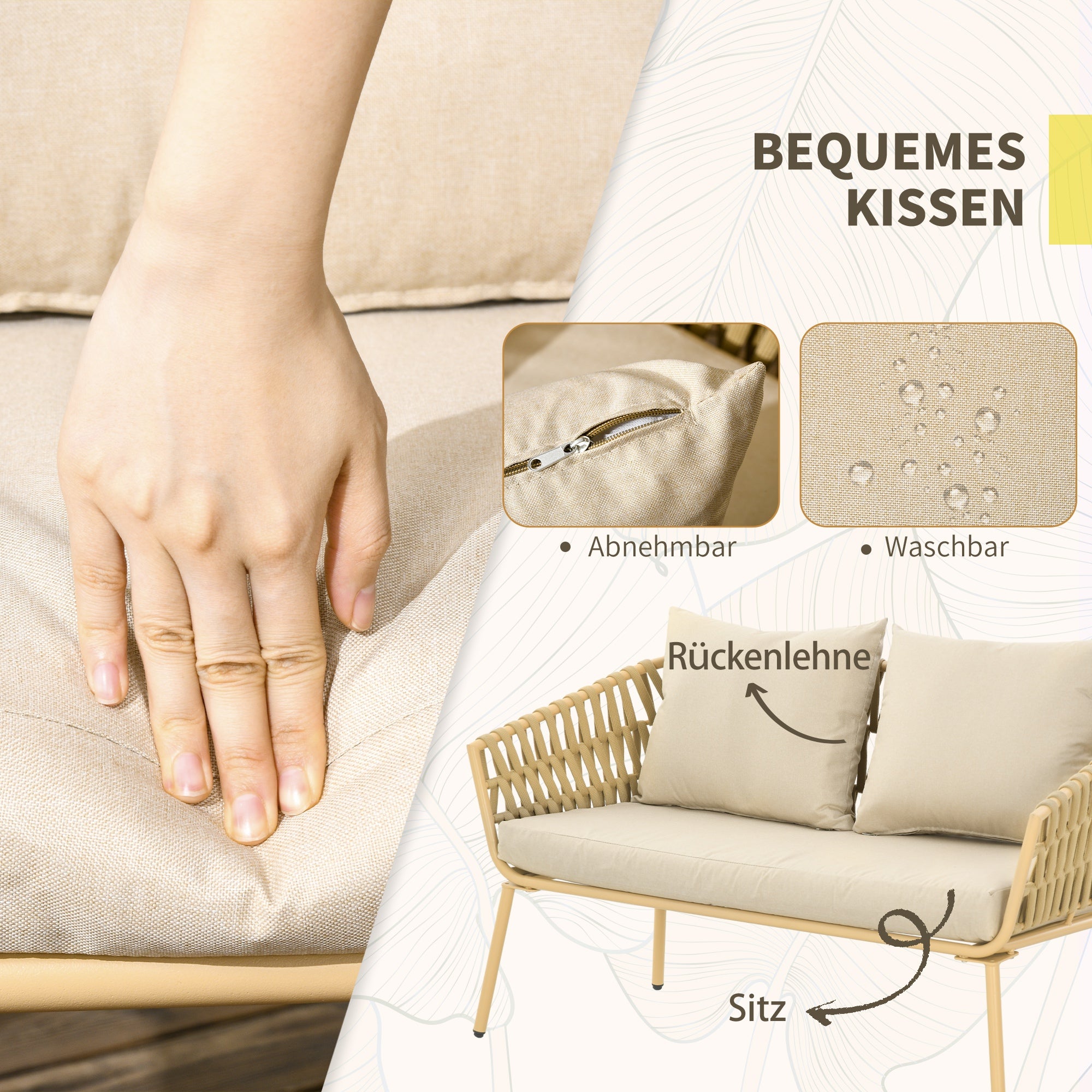 4 Piece Garden Furniture Set, Seating Group with 1 Coffee Table, 2 Armchairs, 1 Double Sofa, Patio Furniture Set with Cushions, Seating Set for Garden, Patio, Steel, Khaki