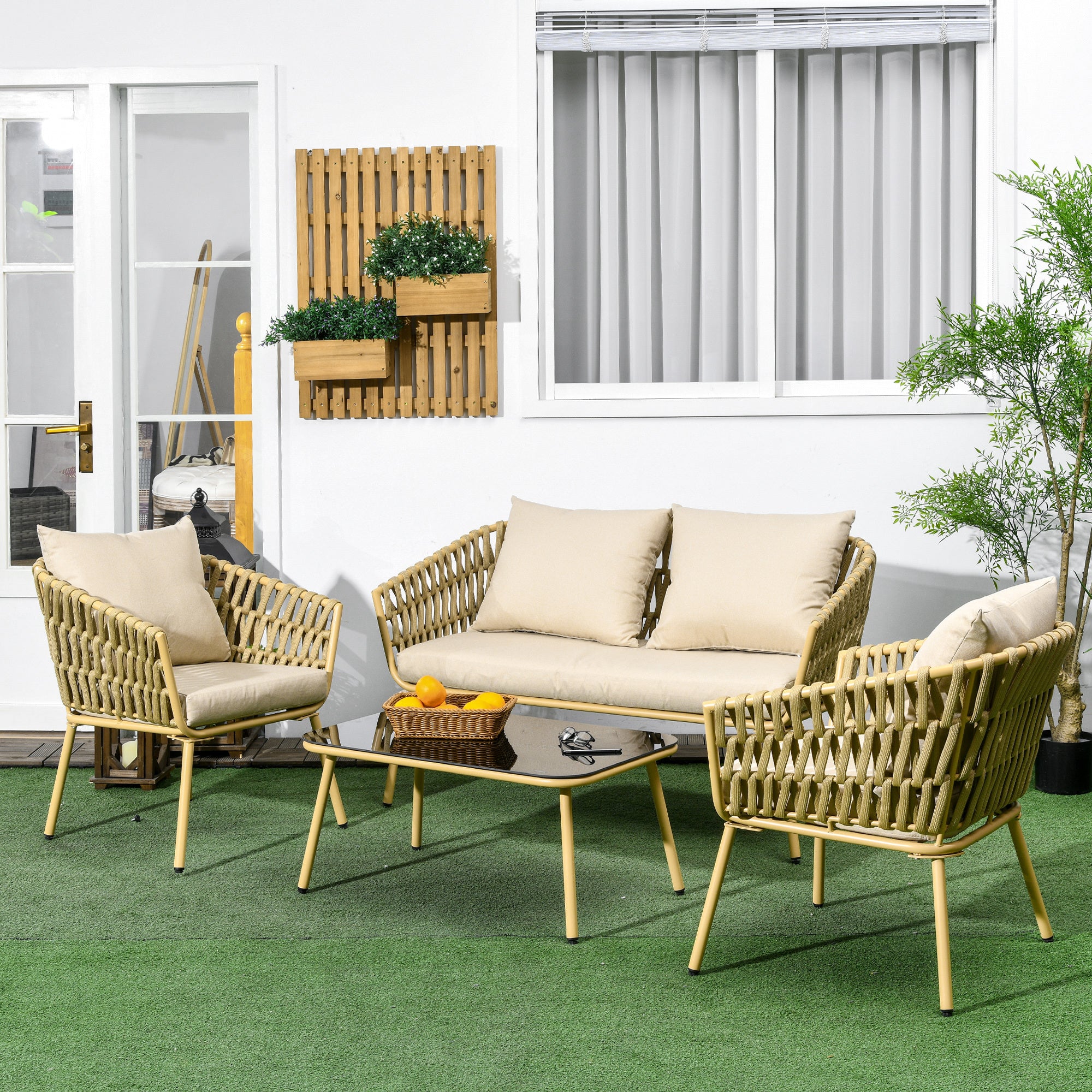 4 Piece Garden Furniture Set, Seating Group with 1 Coffee Table, 2 Armchairs, 1 Double Sofa, Patio Furniture Set with Cushions, Seating Set for Garden, Patio, Steel, Khaki