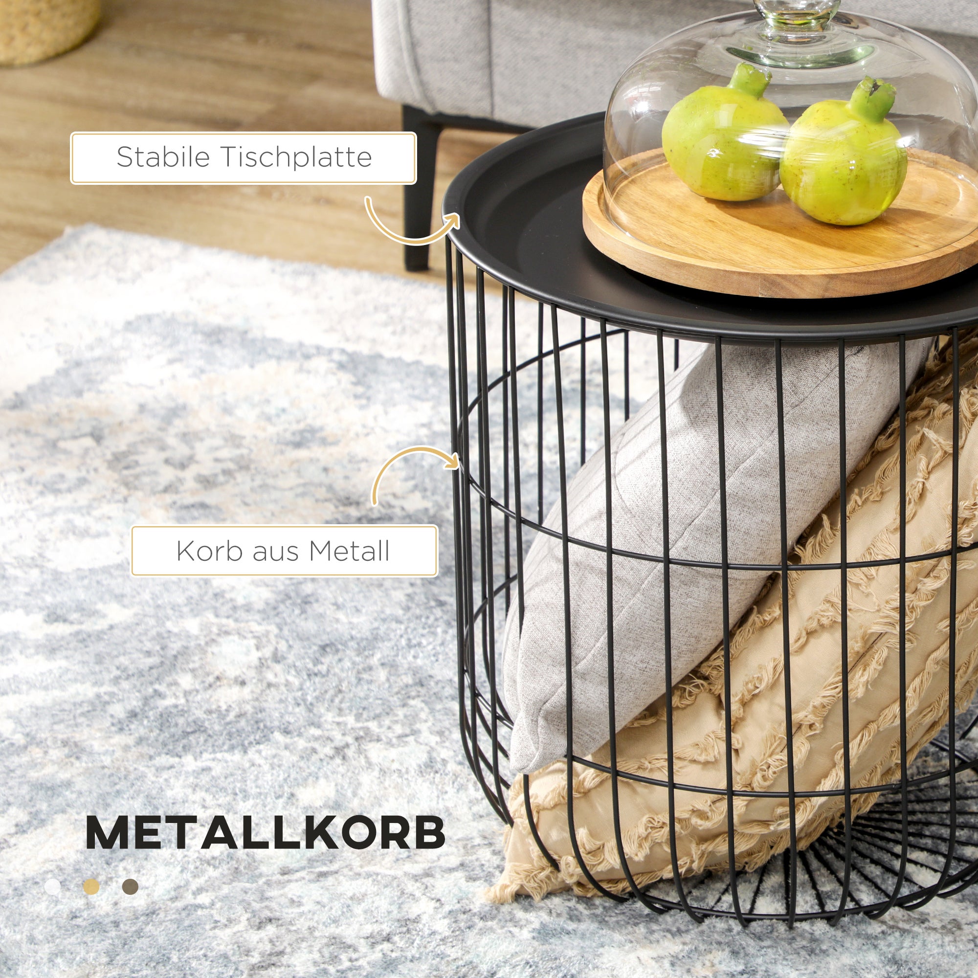 Round Coffee Table 2-Piece Set, Side Table with Storage, Removable Tabletop, Steel Construction, Scandinavian Design, Living Room Coffee Table Side Table for Living Room Bedroom, Black