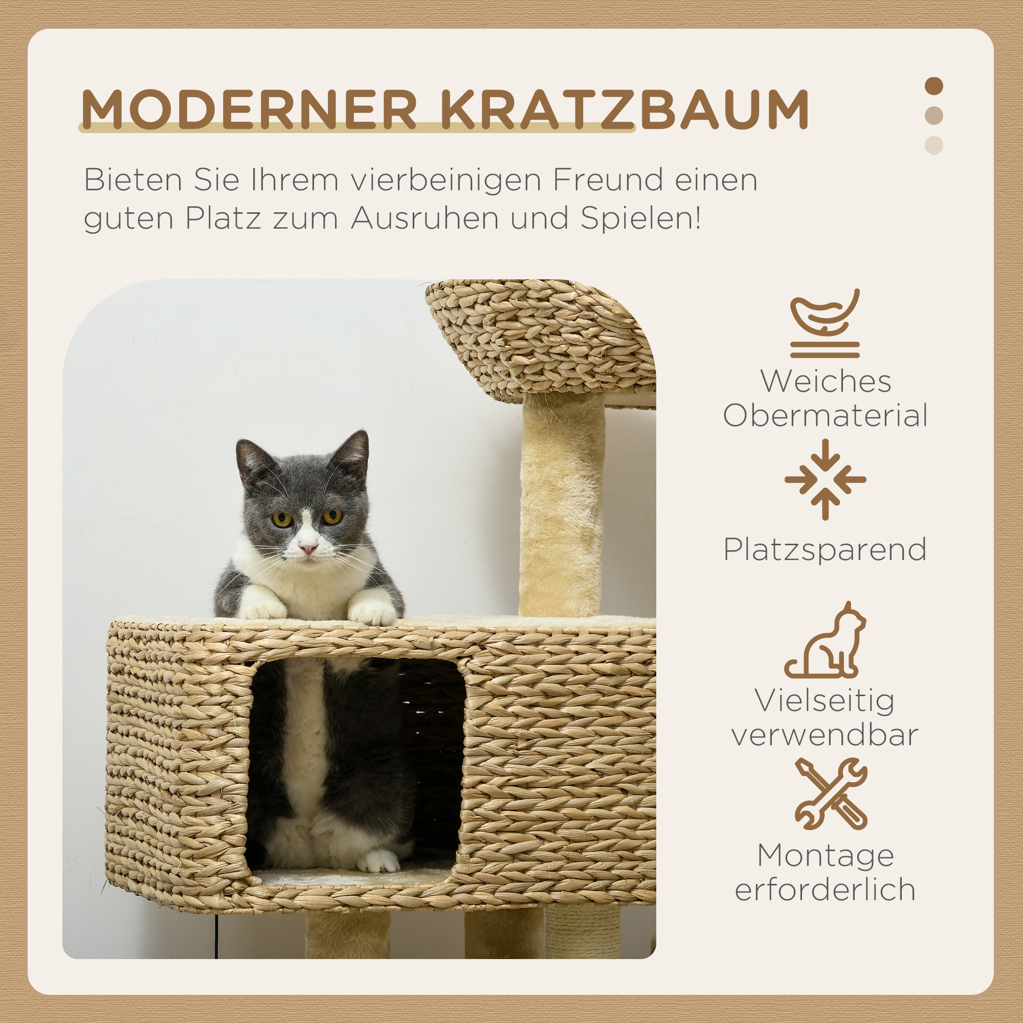 Cat Scratching Post 98 cm Cat Tree with 2 Lounging Areas, Climbing Tree Toy Ball, Scratching Posts, Cat Furniture with Cat Cave for Cats up to 6 kg, Water Hyacinth, Sisal, Beige