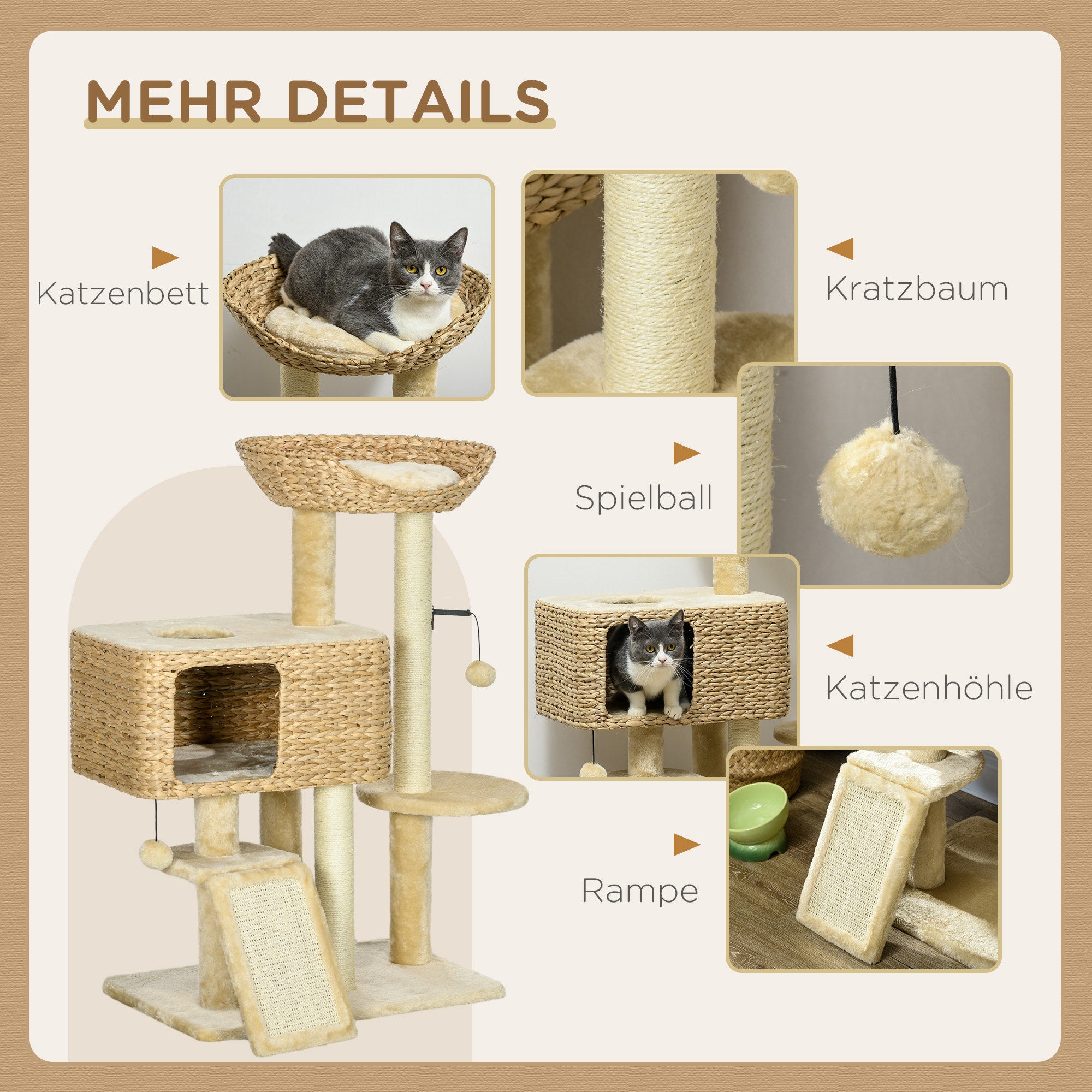Cat Scratching Post 98 cm Cat Tree with 2 Lounging Areas, Climbing Tree Toy Ball, Scratching Posts, Cat Furniture with Cat Cave for Cats up to 6 kg, Water Hyacinth, Sisal, Beige
