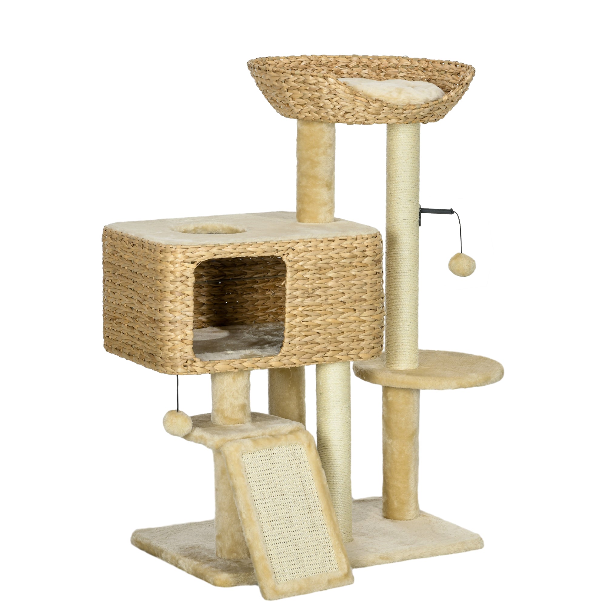 Cat Scratching Post 98 cm Cat Tree with 2 Lounging Areas, Climbing Tree Toy Ball, Scratching Posts, Cat Furniture with Cat Cave for Cats up to 6 kg, Water Hyacinth, Sisal, Beige