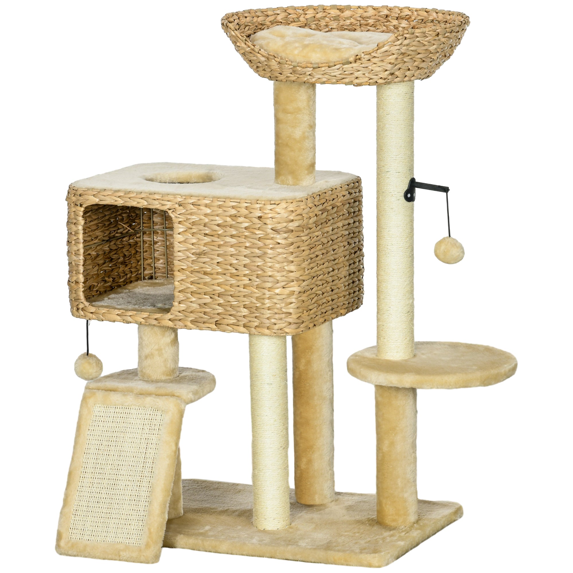 Cat Scratching Post 98 cm Cat Tree with 2 Lounging Areas, Climbing Tree Toy Ball, Scratching Posts, Cat Furniture with Cat Cave for Cats up to 6 kg, Water Hyacinth, Sisal, Beige