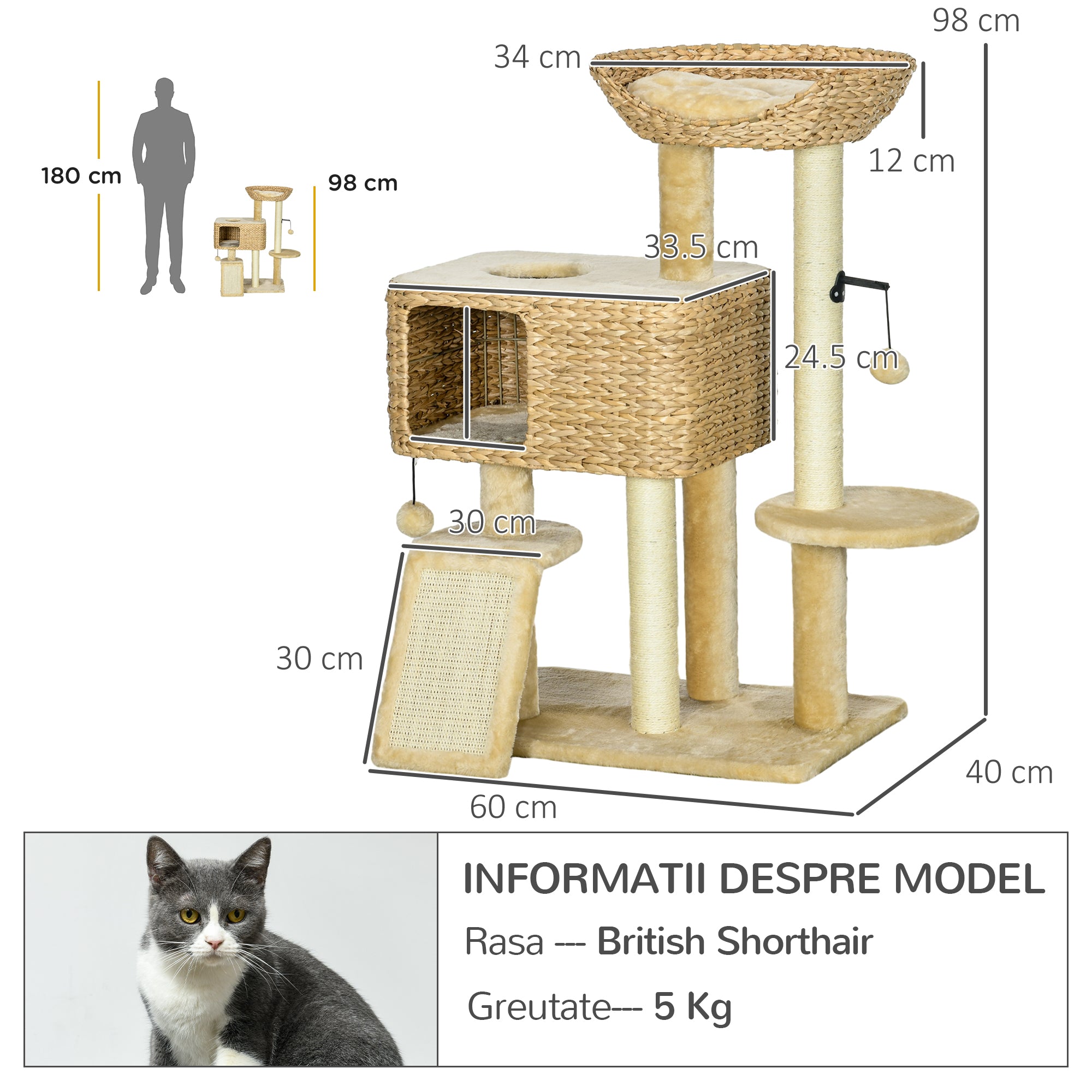 Cat Scratching Post 98 cm Cat Tree with 2 Lounging Areas, Climbing Tree Toy Ball, Scratching Posts, Cat Furniture with Cat Cave for Cats up to 6 kg, Water Hyacinth, Sisal, Beige