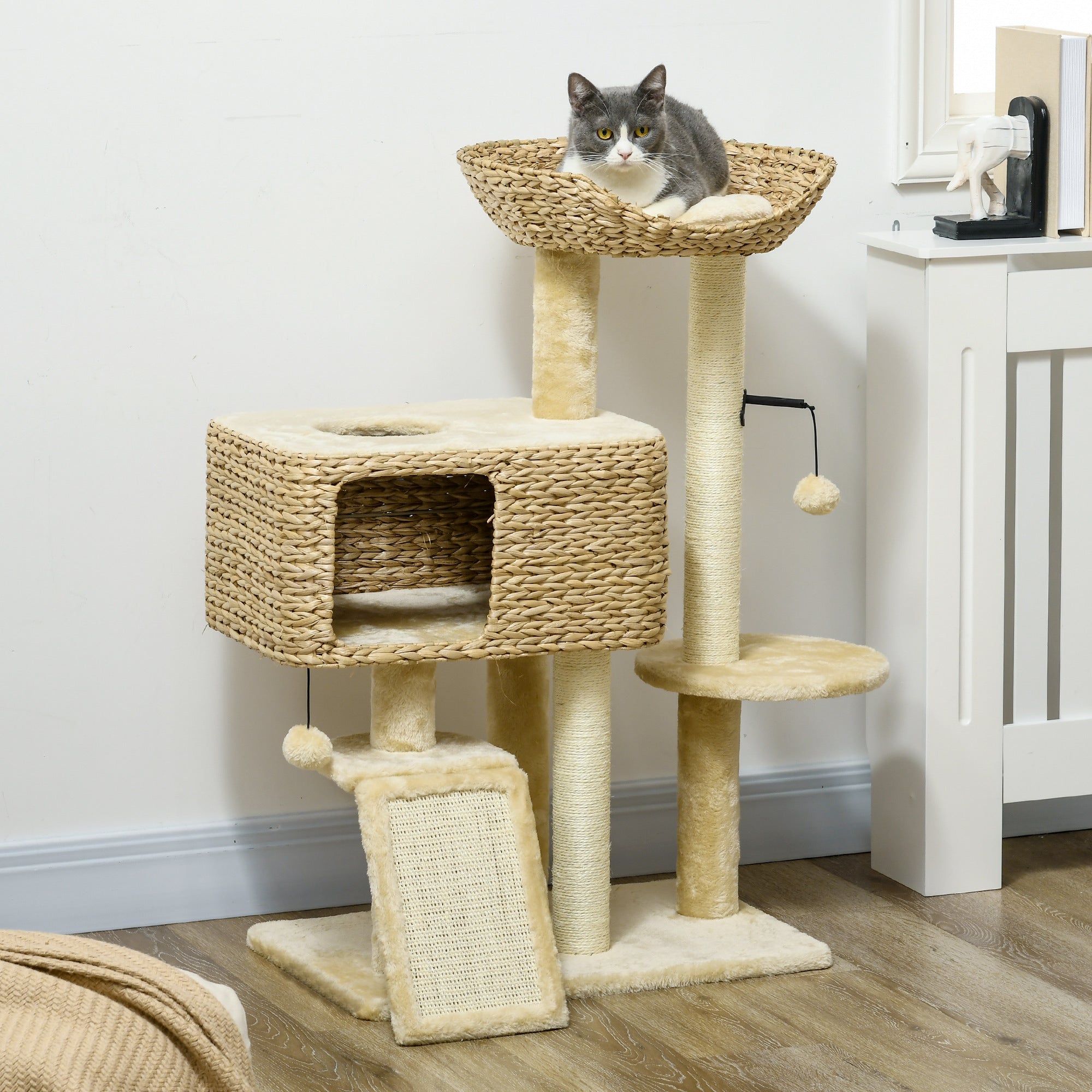 Cat Scratching Post 98 cm Cat Tree with 2 Lounging Areas, Climbing Tree Toy Ball, Scratching Posts, Cat Furniture with Cat Cave for Cats up to 6 kg, Water Hyacinth, Sisal, Beige