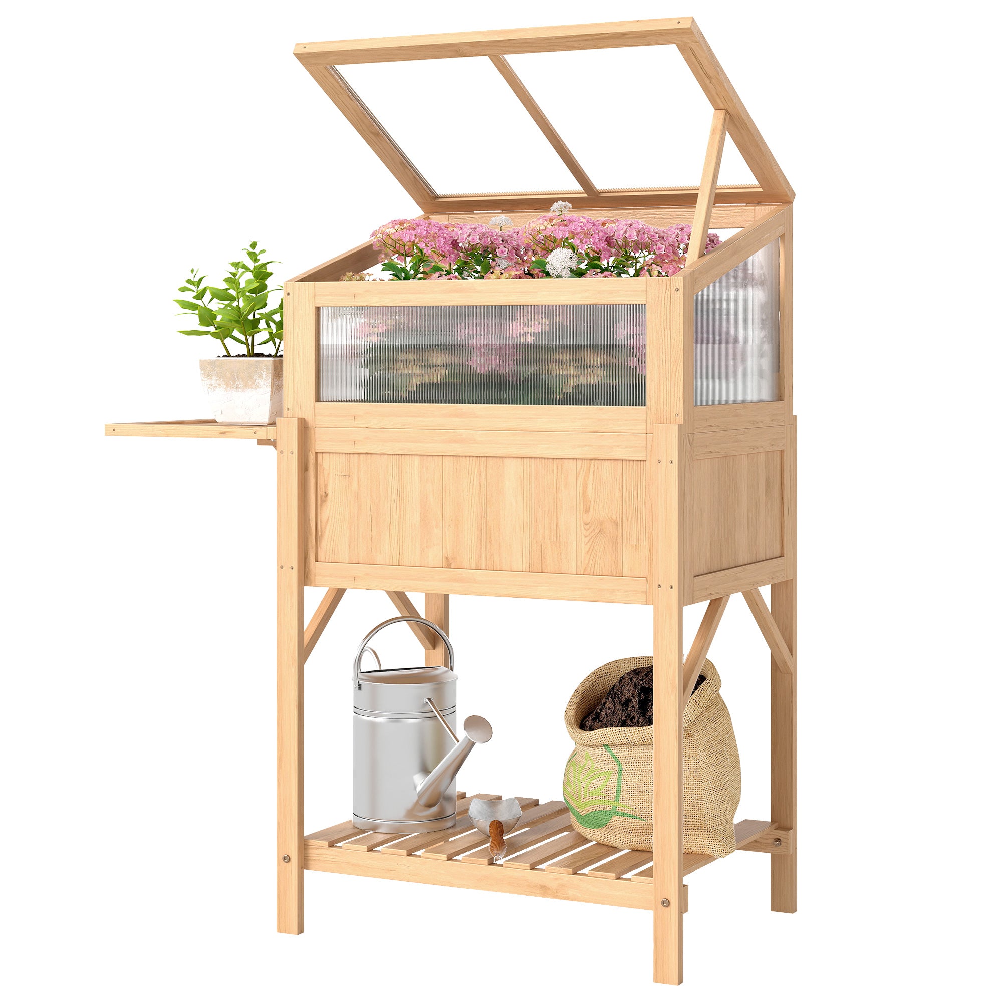 Raised Garden Bed with Cold Frame — Elevated Pine Wood Planter with Foldable Side Table & Storage Shelf for Vegetables, Flowers, Herbs, 104 x 50 x 120 cm (41 x 19.7 x 47.2 in) — Natural
