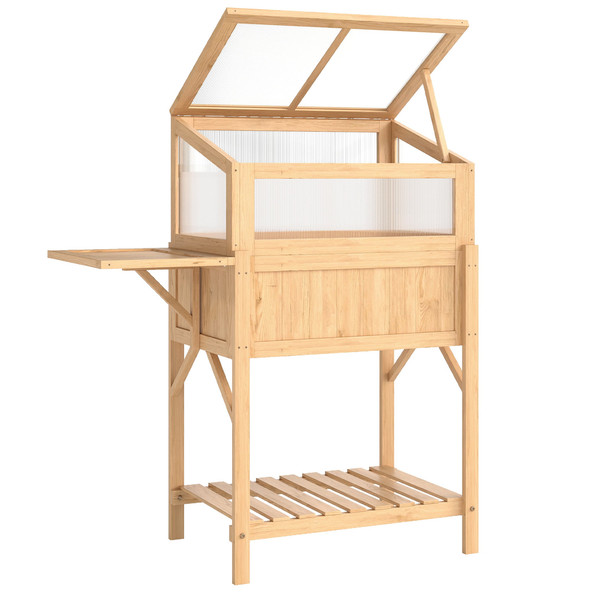 Raised Garden Bed with Cold Frame — Elevated Pine Wood Planter with Foldable Side Table & Storage Shelf for Vegetables, Flowers, Herbs, 104 x 50 x 120 cm (41 x 19.7 x 47.2 in) — Natural