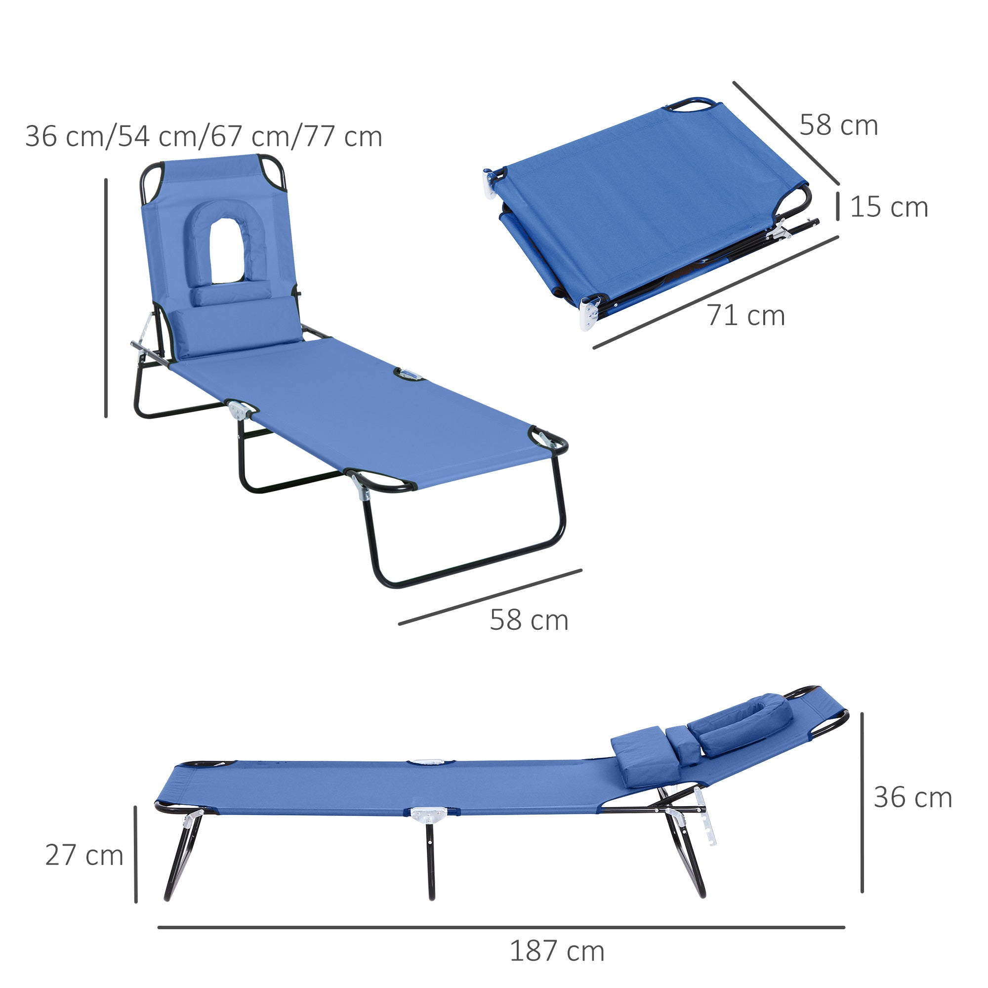 Folding Sun Lounger Reclining 4 Positions Chaise Longue 3 Cushions Included Blue