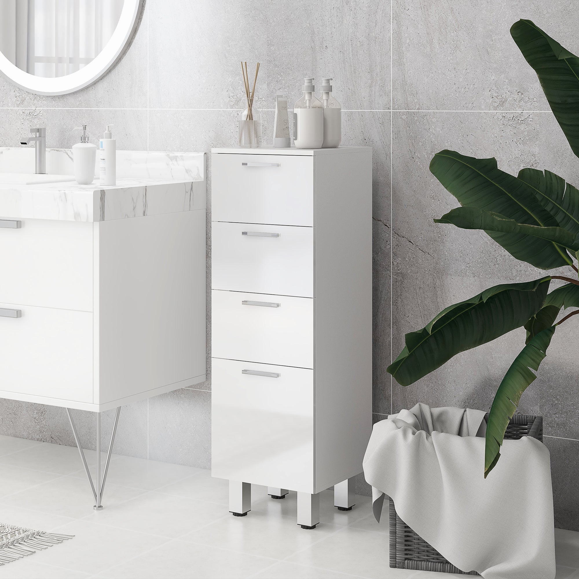 Bathroom Cabinet Niche Cabinet Slim with 3 Drawers, Adjustable Shelf Toilet Cabinet Bathroom Cabinet Side Cabinet for Bathroom, Small Spaces, 30 x 30 x 93 cm White