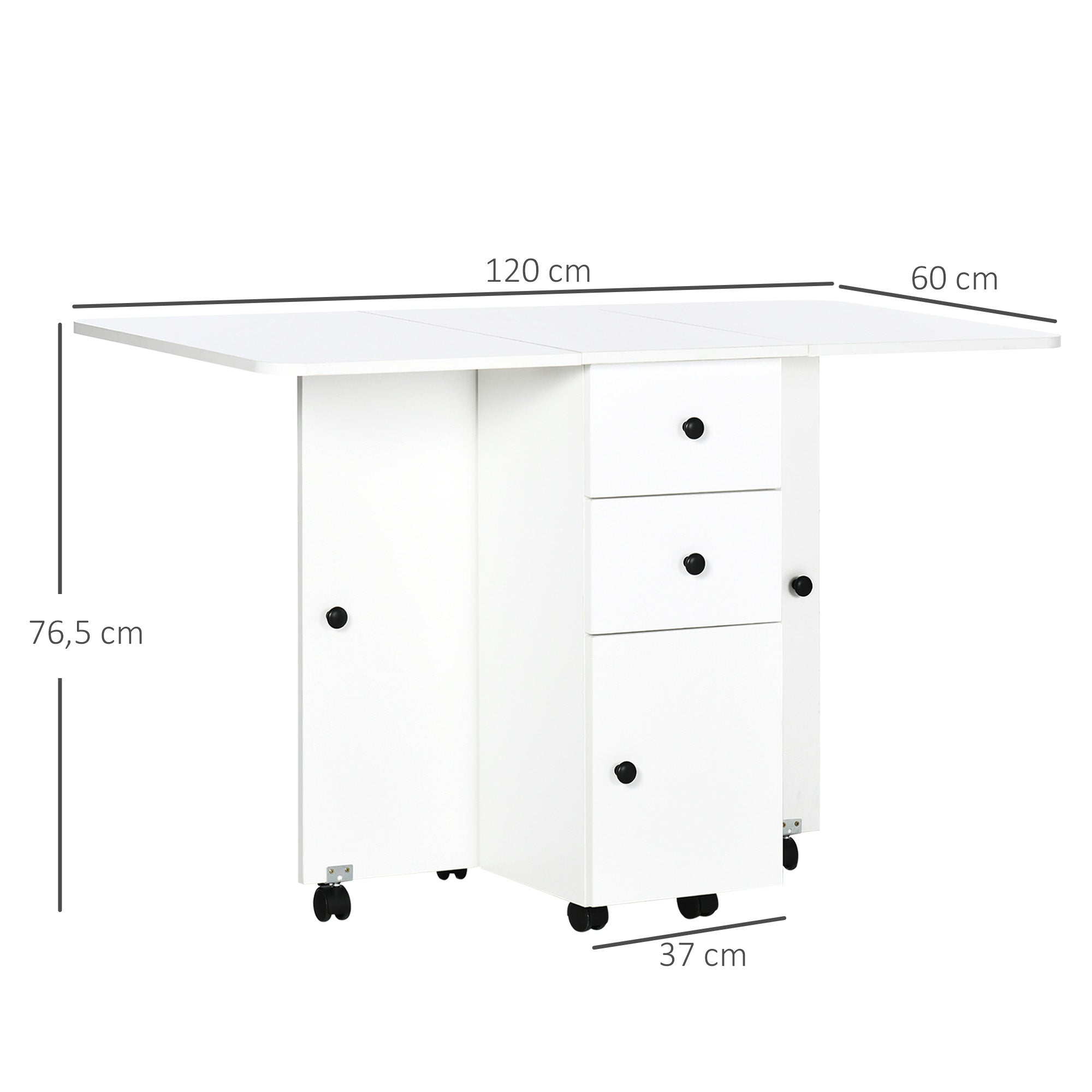 Folding Dining Table Kitchen Table with Wheels, Foldable Wings, Drawers, and Cabinet for 4-6 People 120x60x76.5 cm White