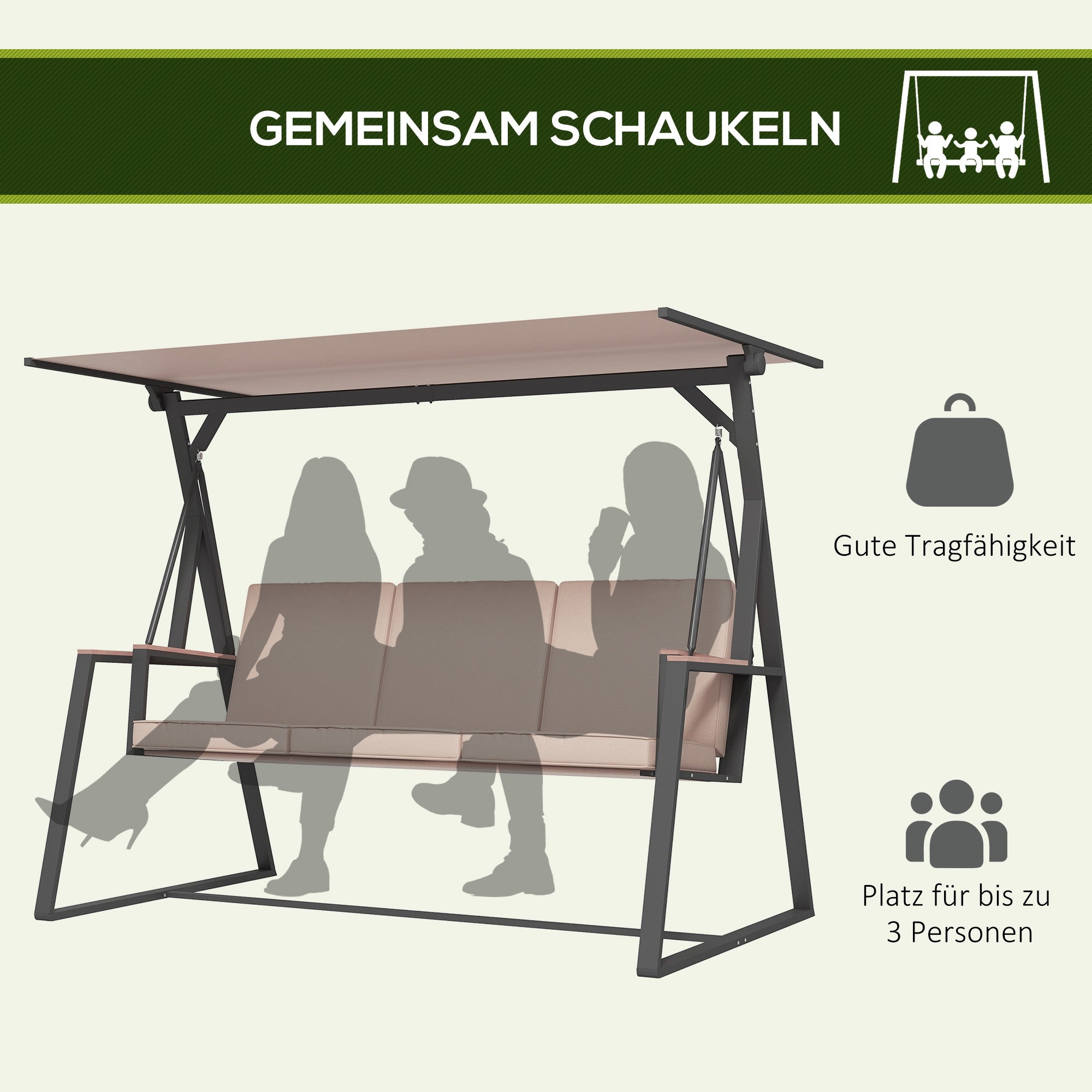 Hollywood Swing 3-Seater Swing Bench with Cushions, Garden Swing with Adjustable Canopy, Supports up to 300 kg, Khaki, 205 x 130 x 175 cm