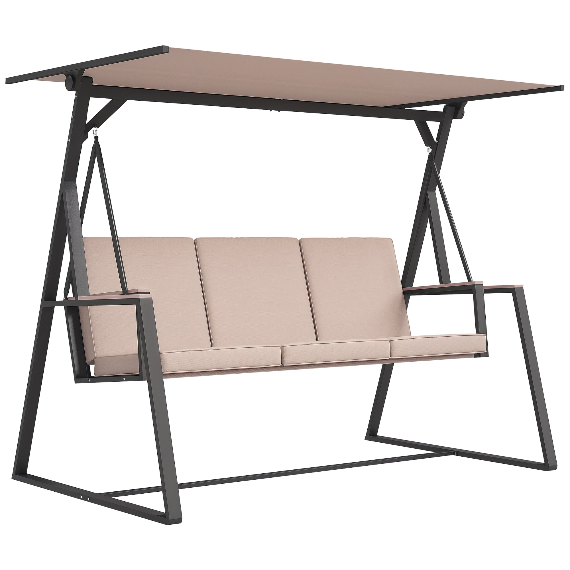 Hollywood Swing 3-Seater Swing Bench with Cushions, Garden Swing with Adjustable Canopy, Supports up to 300 kg, Khaki, 205 x 130 x 175 cm