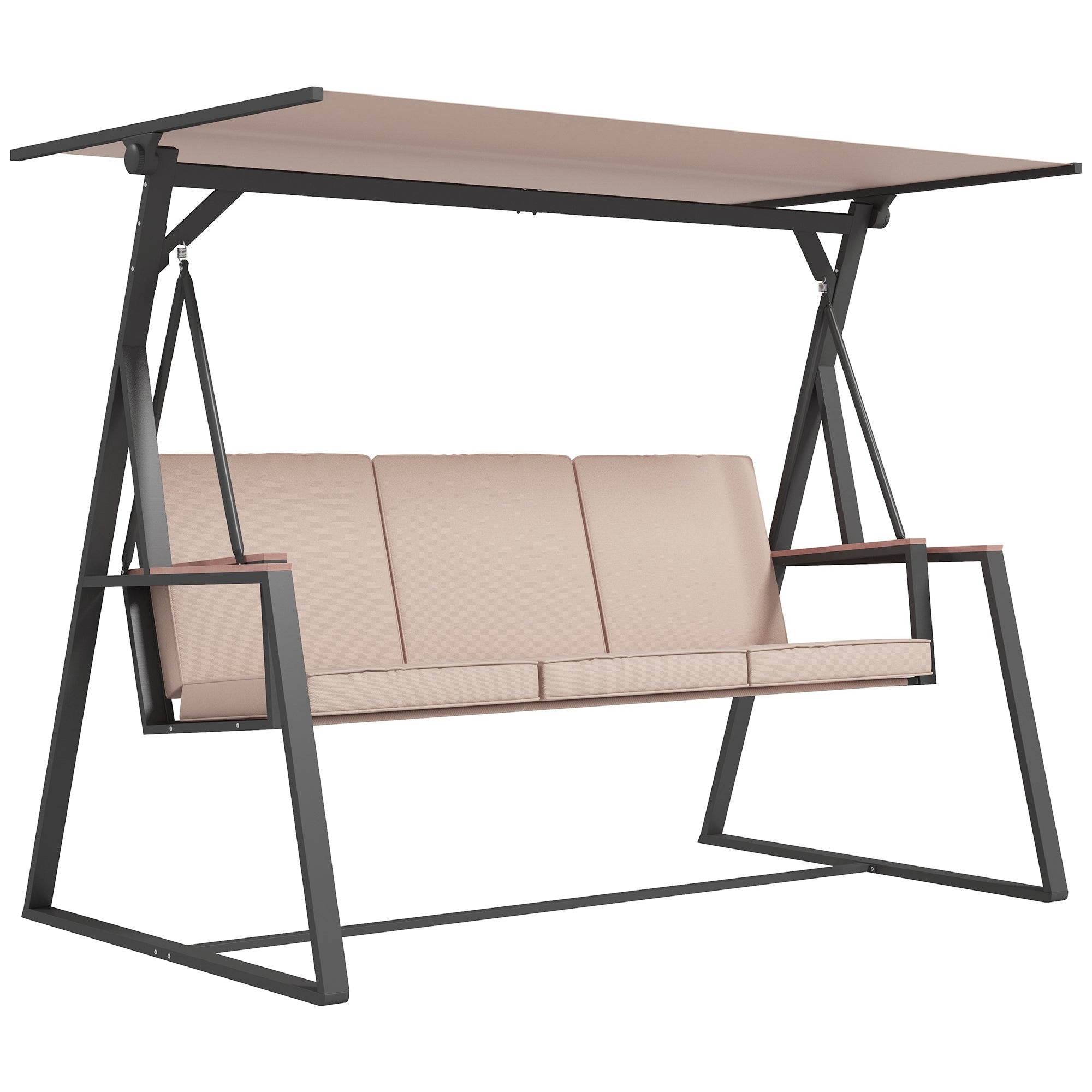 Hollywood Swing 3-Seater Swing Bench with Cushions, Garden Swing with Adjustable Canopy, Supports up to 300 kg, Khaki, 205 x 130 x 175 cm