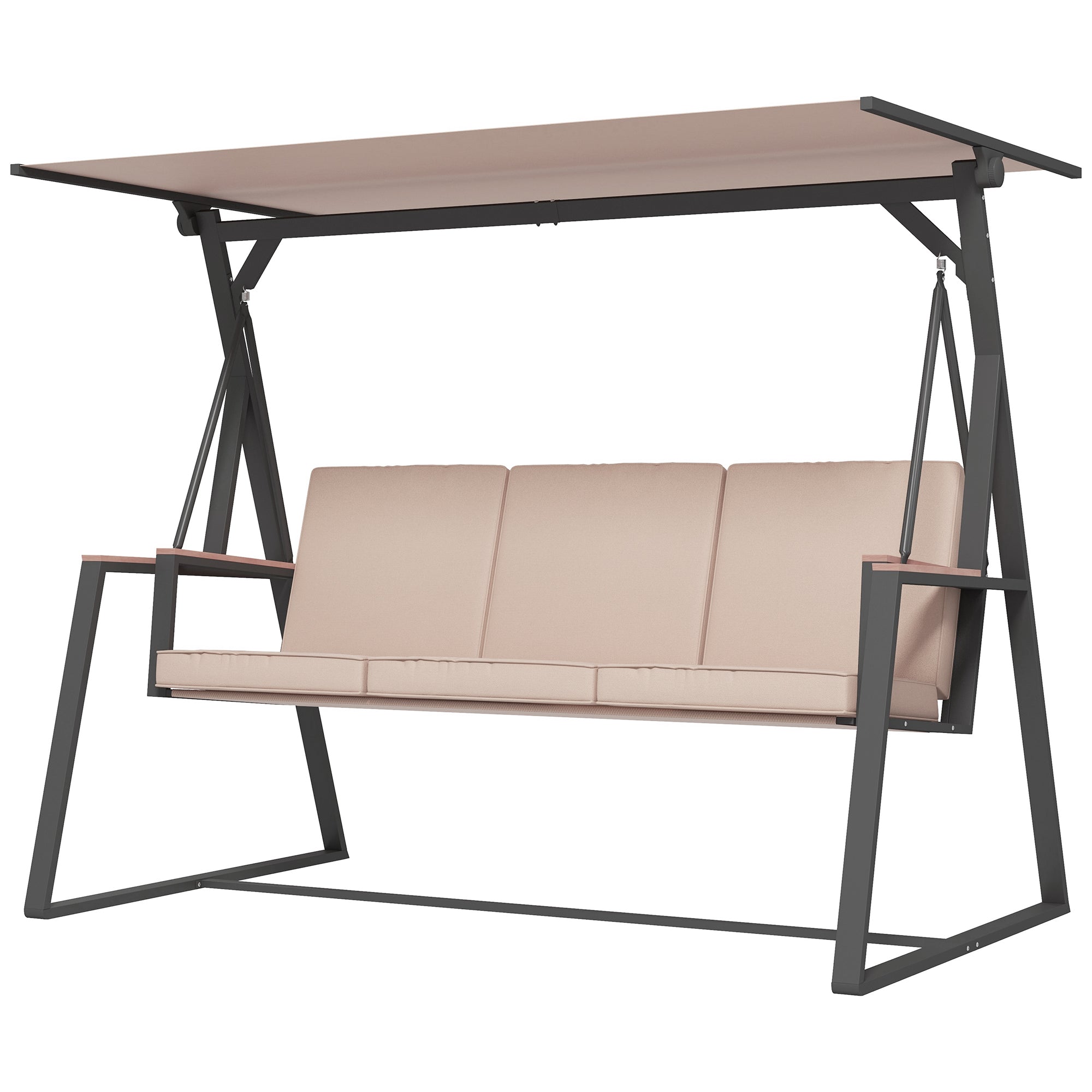 Hollywood Swing 3-Seater Swing Bench with Cushions, Garden Swing with Adjustable Canopy, Supports up to 300 kg, Khaki, 205 x 130 x 175 cm