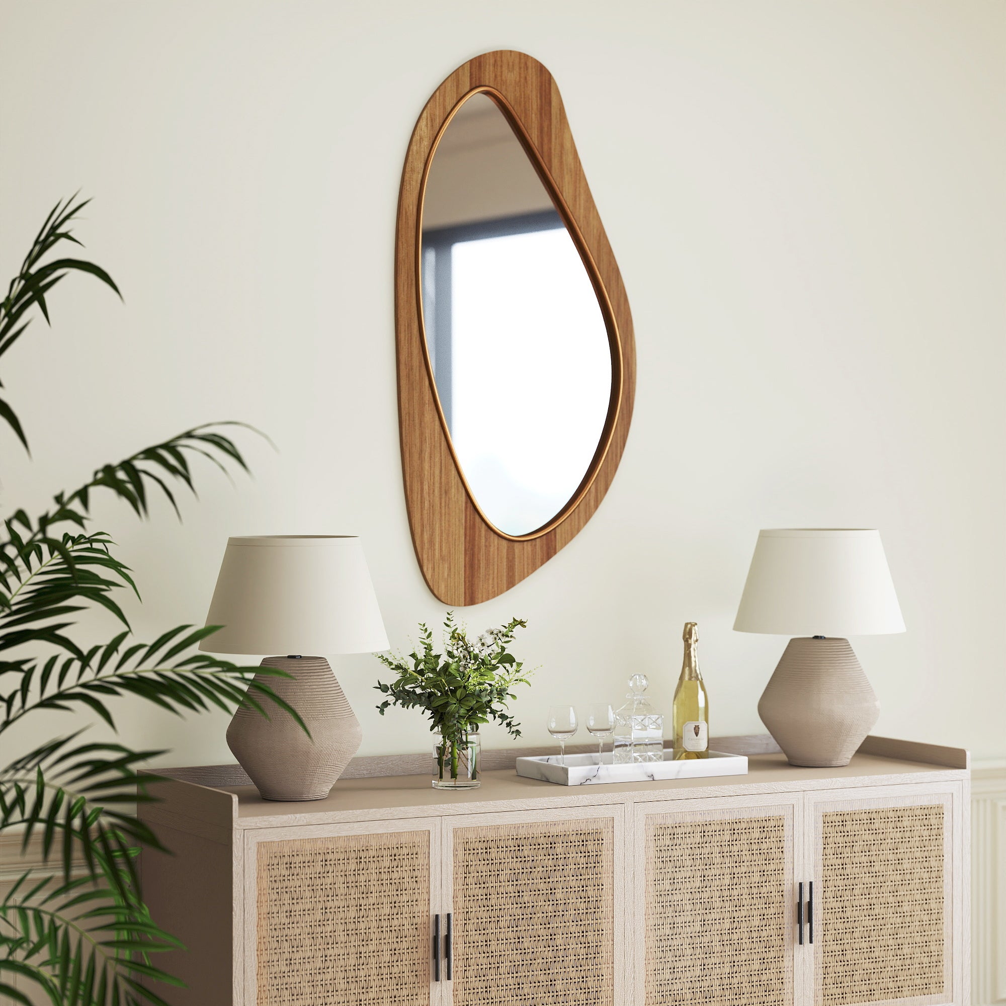 Asymmetrical Wall Mirror 36 x 17.7 in – Pine Veneer Frame Decorative Hanging Mirror for Bedroom & Living Room, Natural Wood