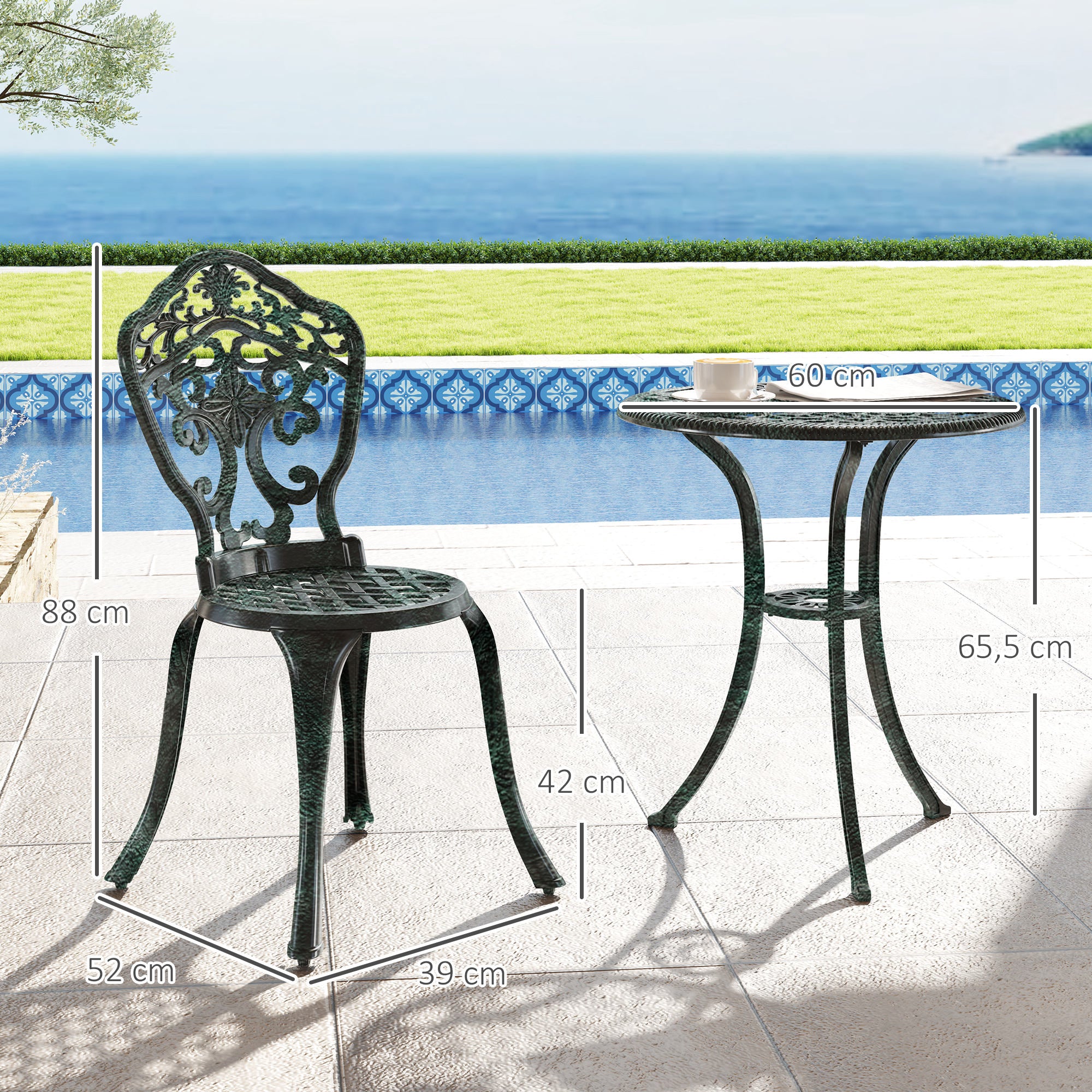 Garden Bistro Set in Aluminum 3-Piece Patio Furniture Set (2 Chairs + 1 Round Table) Green Wrought Iron Look