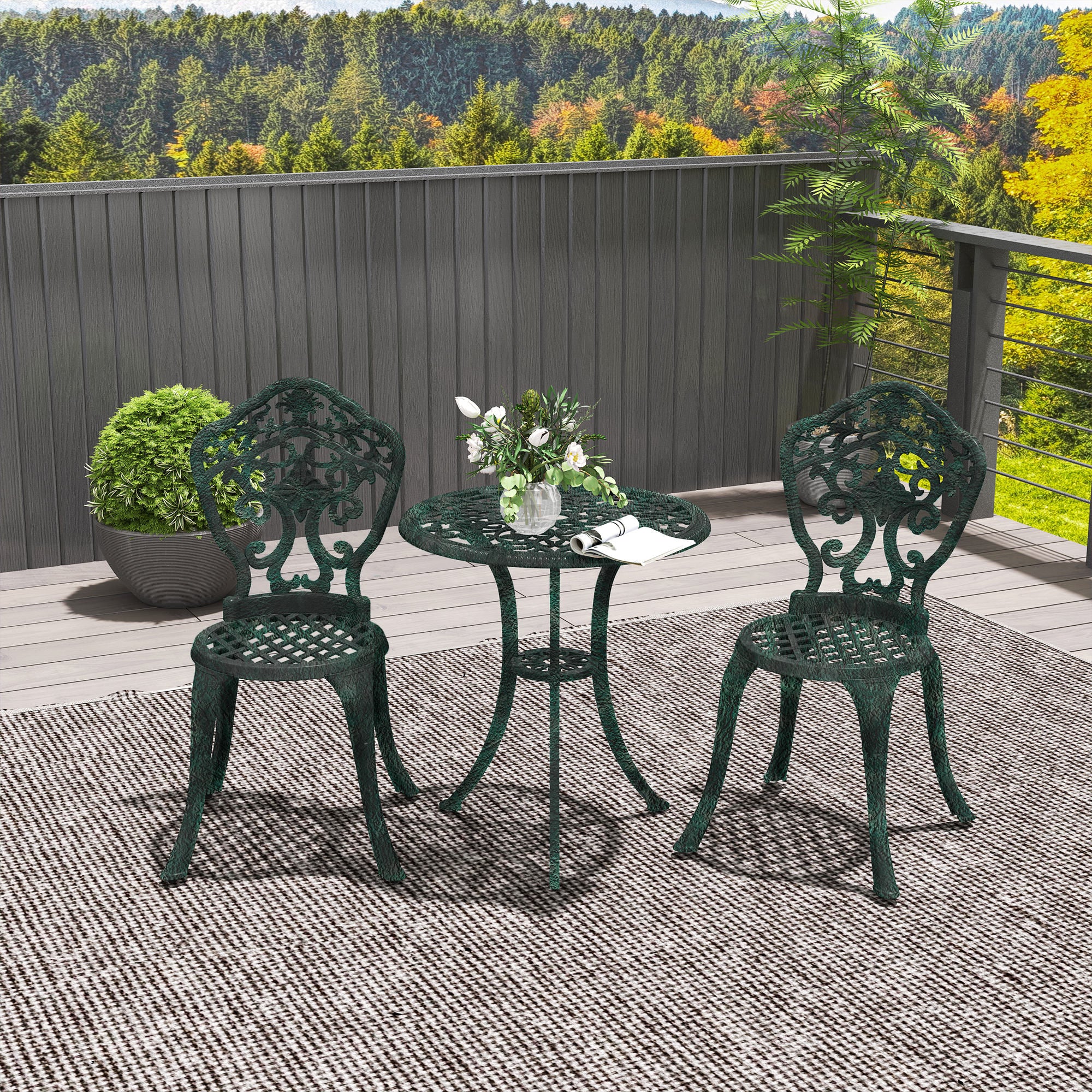 Garden Bistro Set in Aluminum 3-Piece Patio Furniture Set (2 Chairs + 1 Round Table) Green Wrought Iron Look