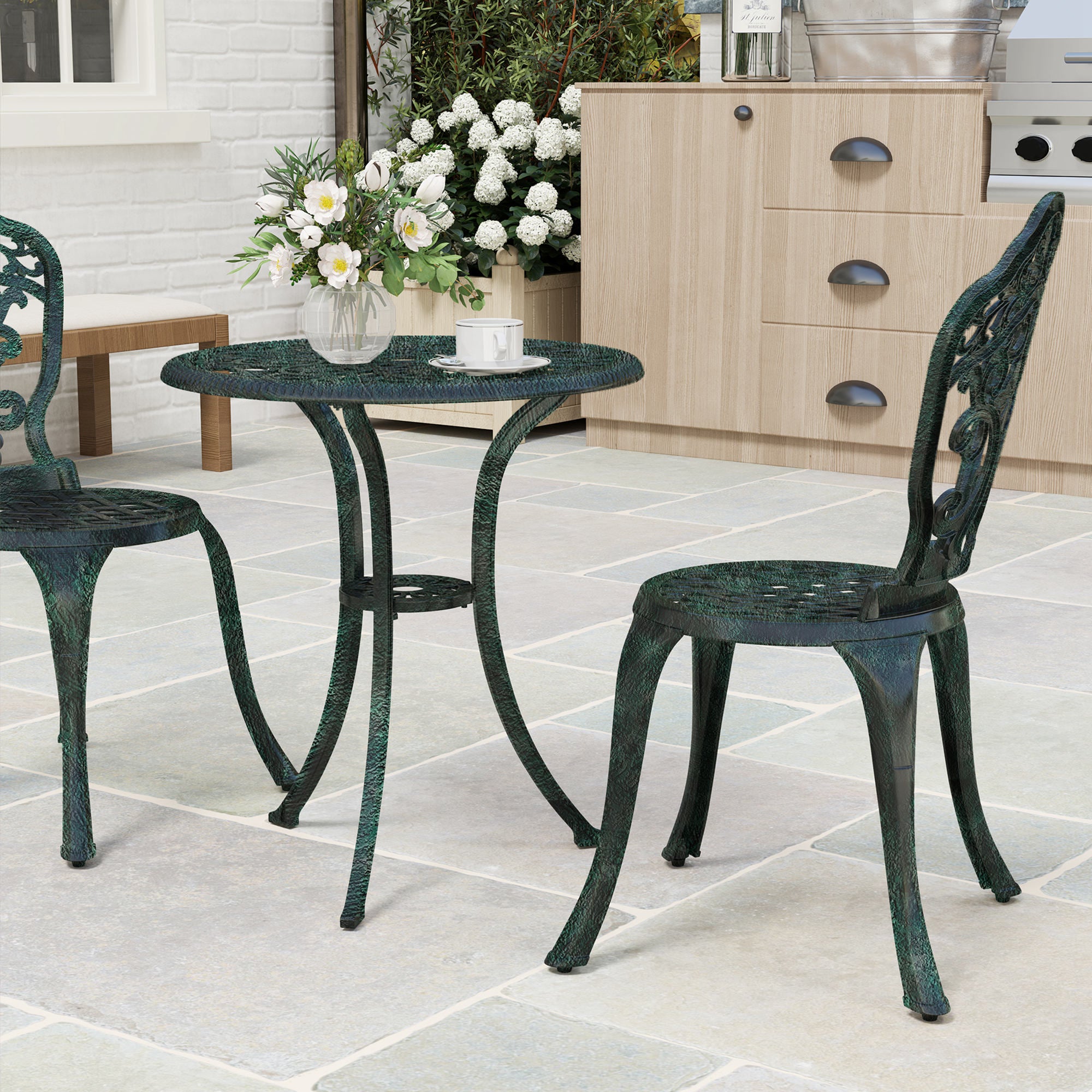 Garden Bistro Set in Aluminum 3-Piece Patio Furniture Set (2 Chairs + 1 Round Table) Green Wrought Iron Look