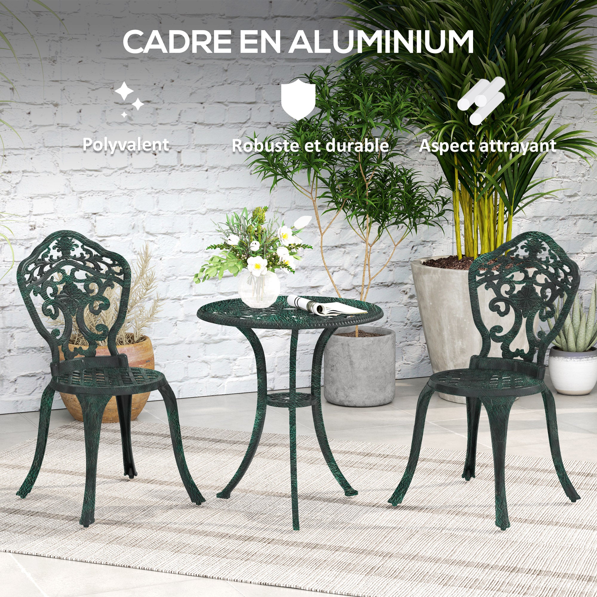 Garden Bistro Set in Aluminum 3-Piece Patio Furniture Set (2 Chairs + 1 Round Table) Green Wrought Iron Look