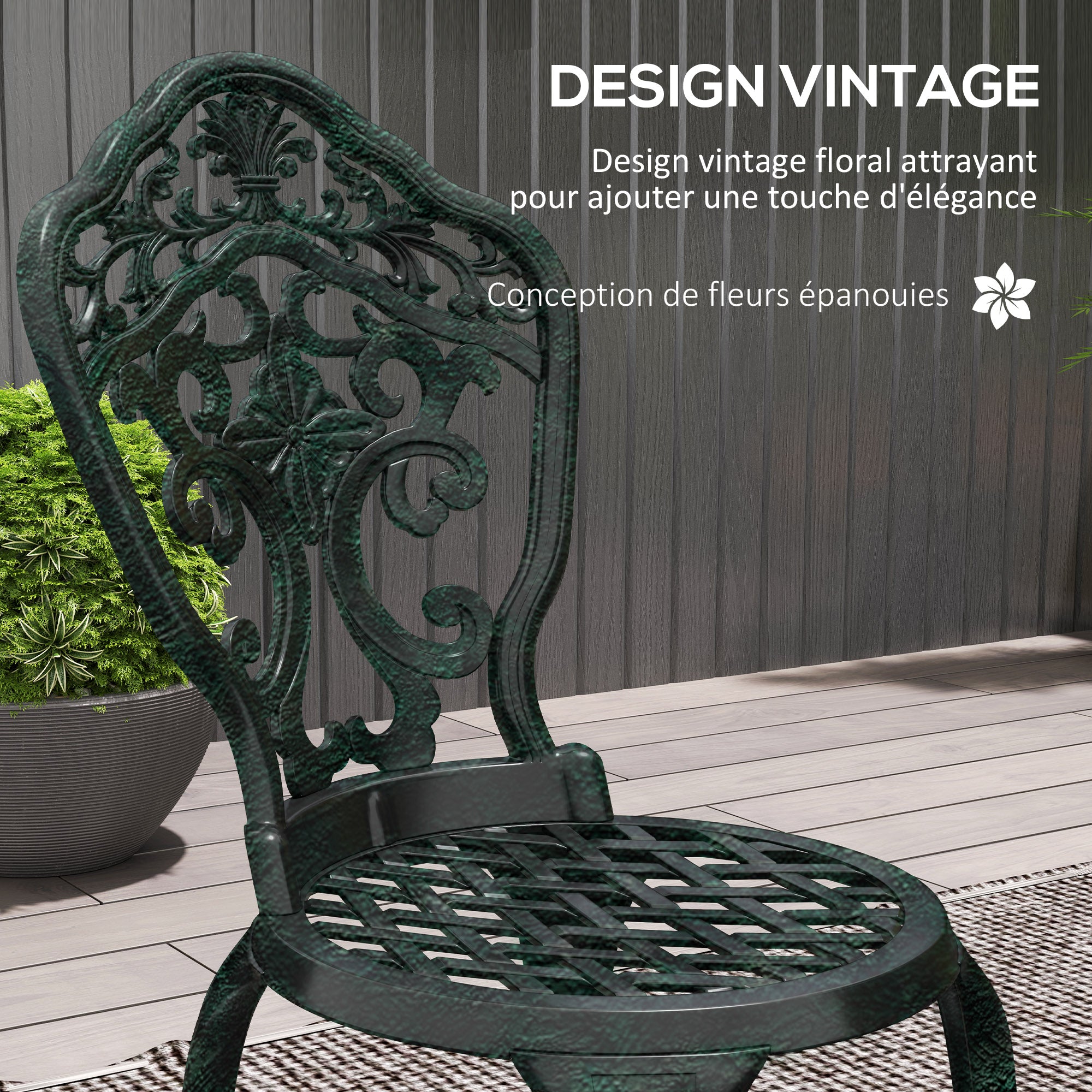Garden Bistro Set in Aluminum 3-Piece Patio Furniture Set (2 Chairs + 1 Round Table) Green Wrought Iron Look