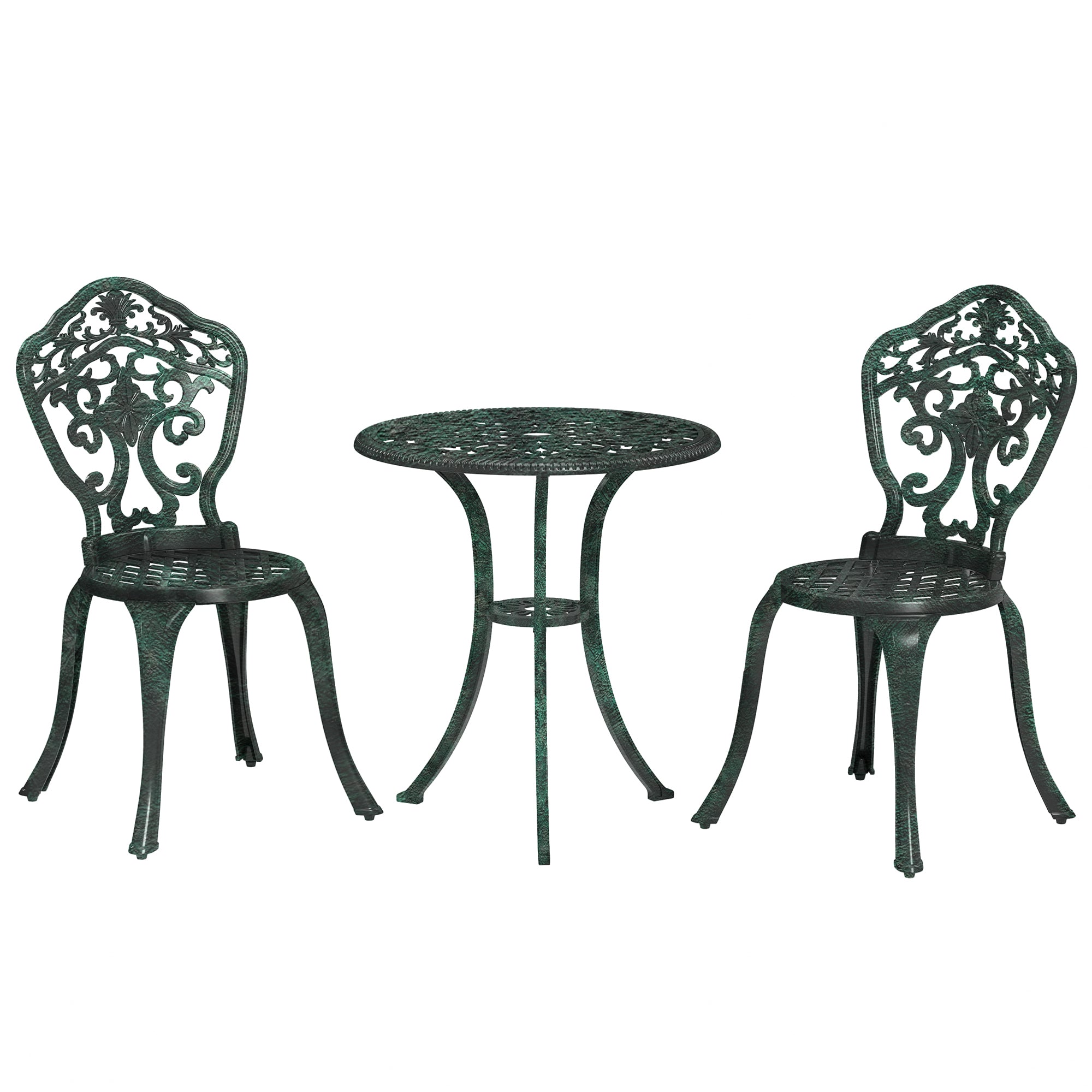Garden Bistro Set in Aluminum 3-Piece Patio Furniture Set (2 Chairs + 1 Round Table) Green Wrought Iron Look