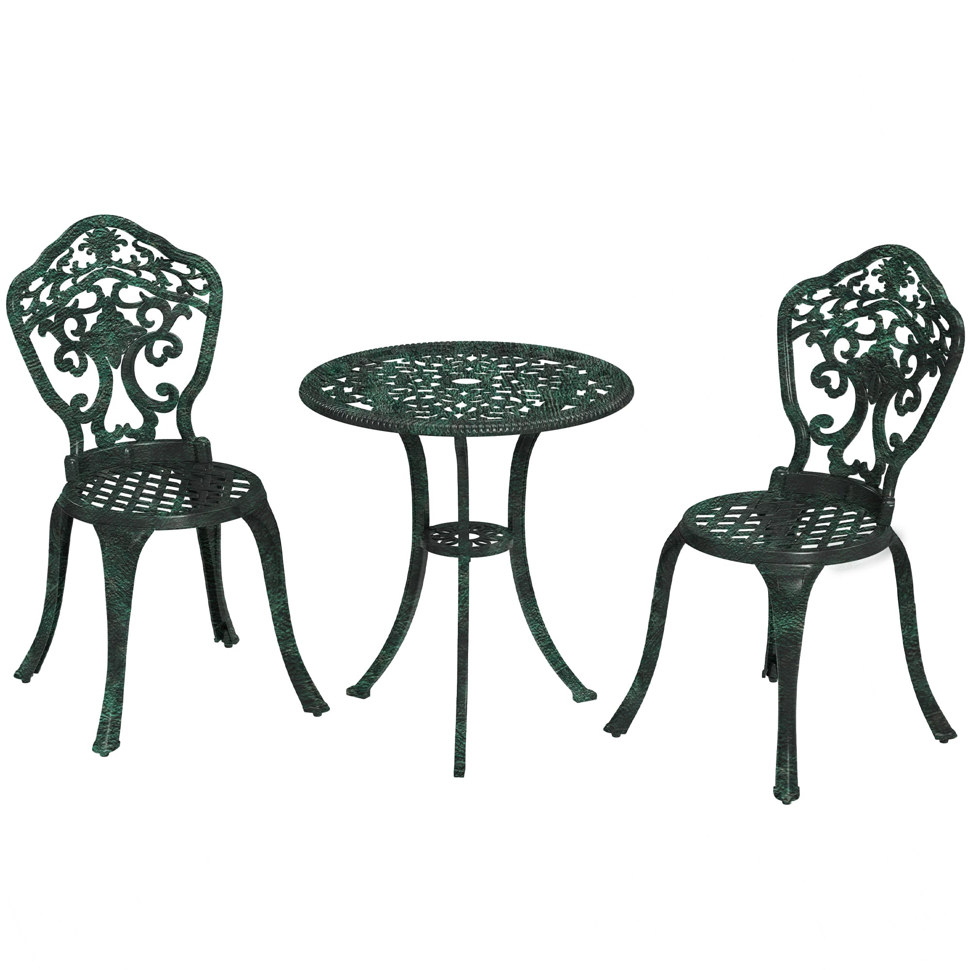 Garden Bistro Set in Aluminum 3-Piece Patio Furniture Set (2 Chairs + 1 Round Table) Green Wrought Iron Look