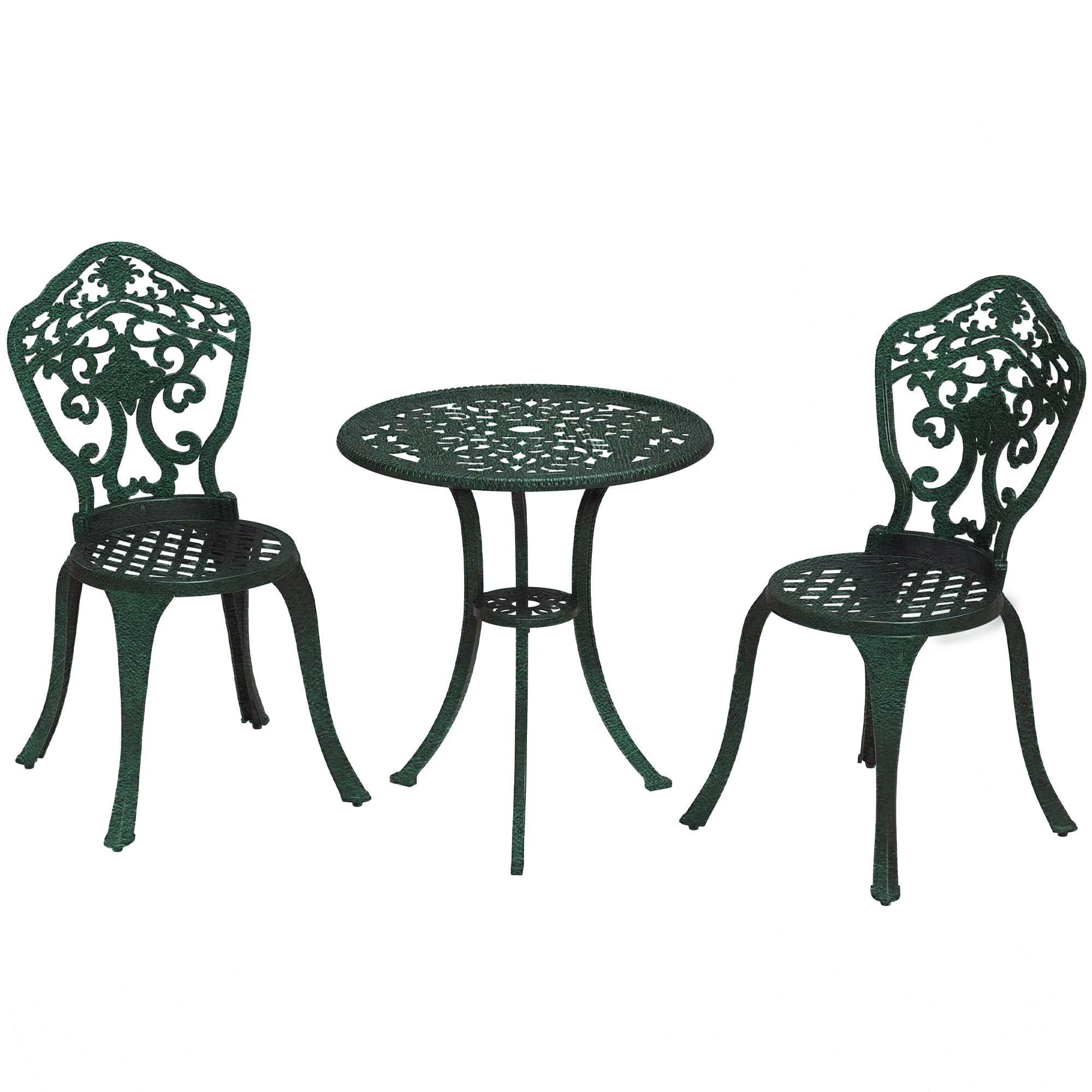 Garden Bistro Set in Aluminum 3-Piece Patio Furniture Set (2 Chairs + 1 Round Table) Green Wrought Iron Look