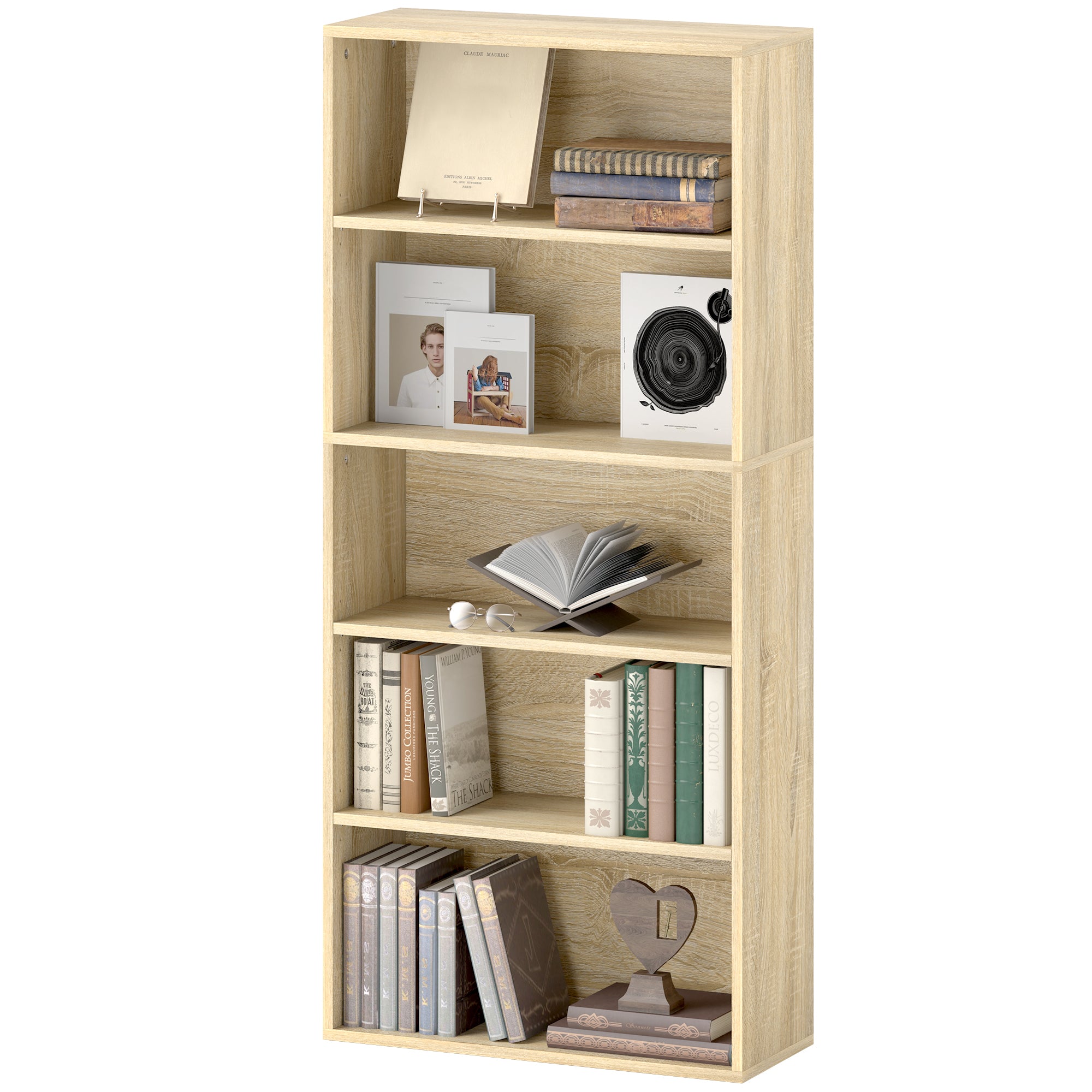 Bookcase, 5-Tier Storage Shelf, Bookshelf with Adjustable Shelves for Living Room, Bedroom, Office, 60 x 24 x 133.5 cm, Natural Wood