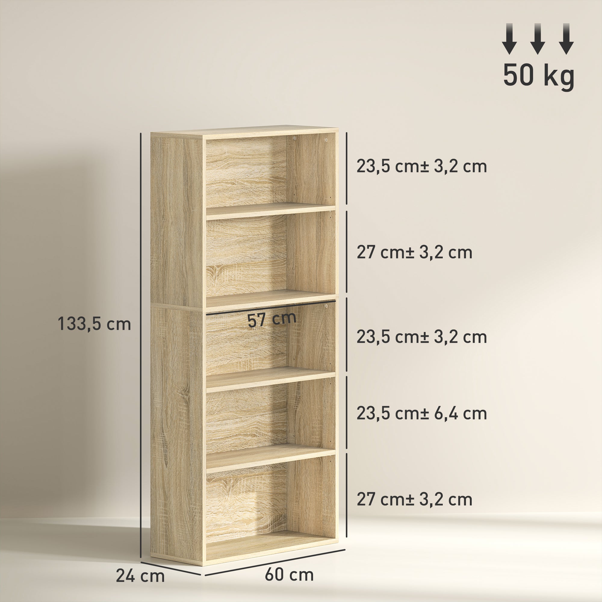 Bookcase, 5-Tier Storage Shelf, Bookshelf with Adjustable Shelves for Living Room, Bedroom, Office, 60 x 24 x 133.5 cm, Natural Wood