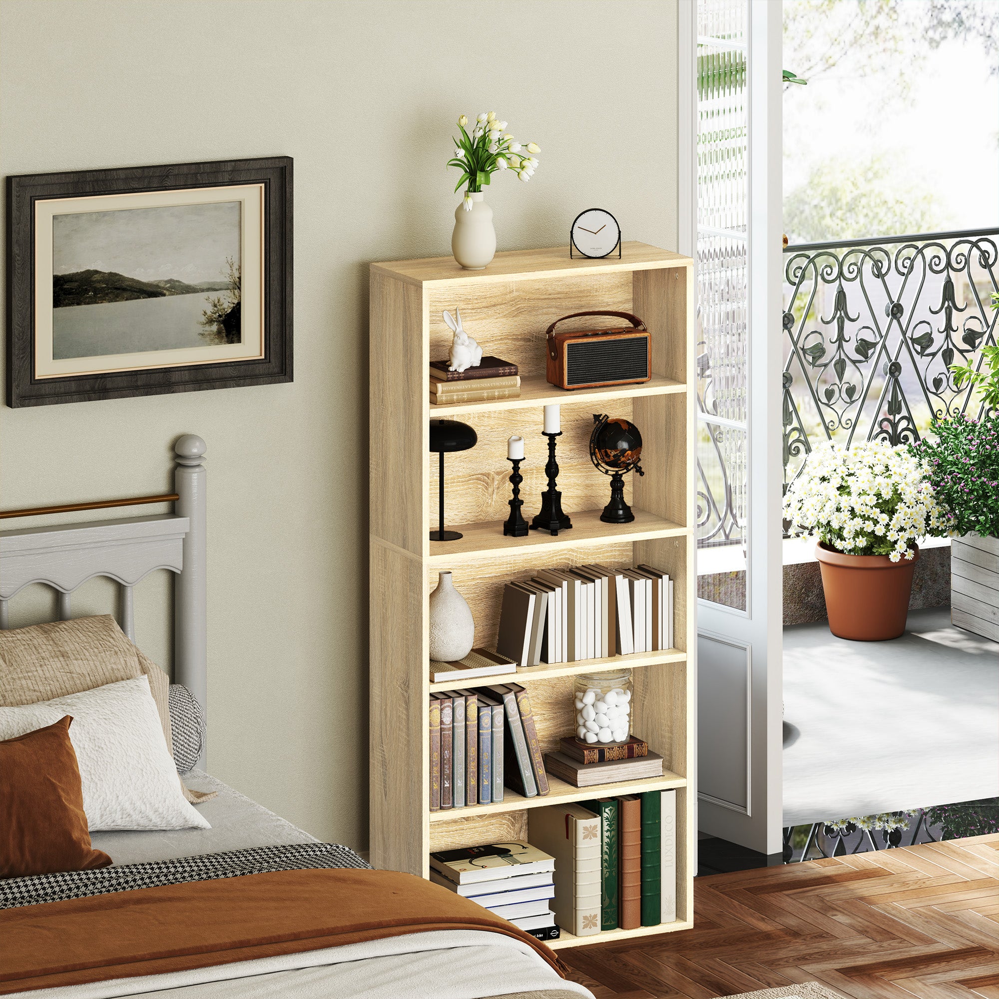 Bookcase, 5-Tier Storage Shelf, Bookshelf with Adjustable Shelves for Living Room, Bedroom, Office, 60 x 24 x 133.5 cm, Natural Wood