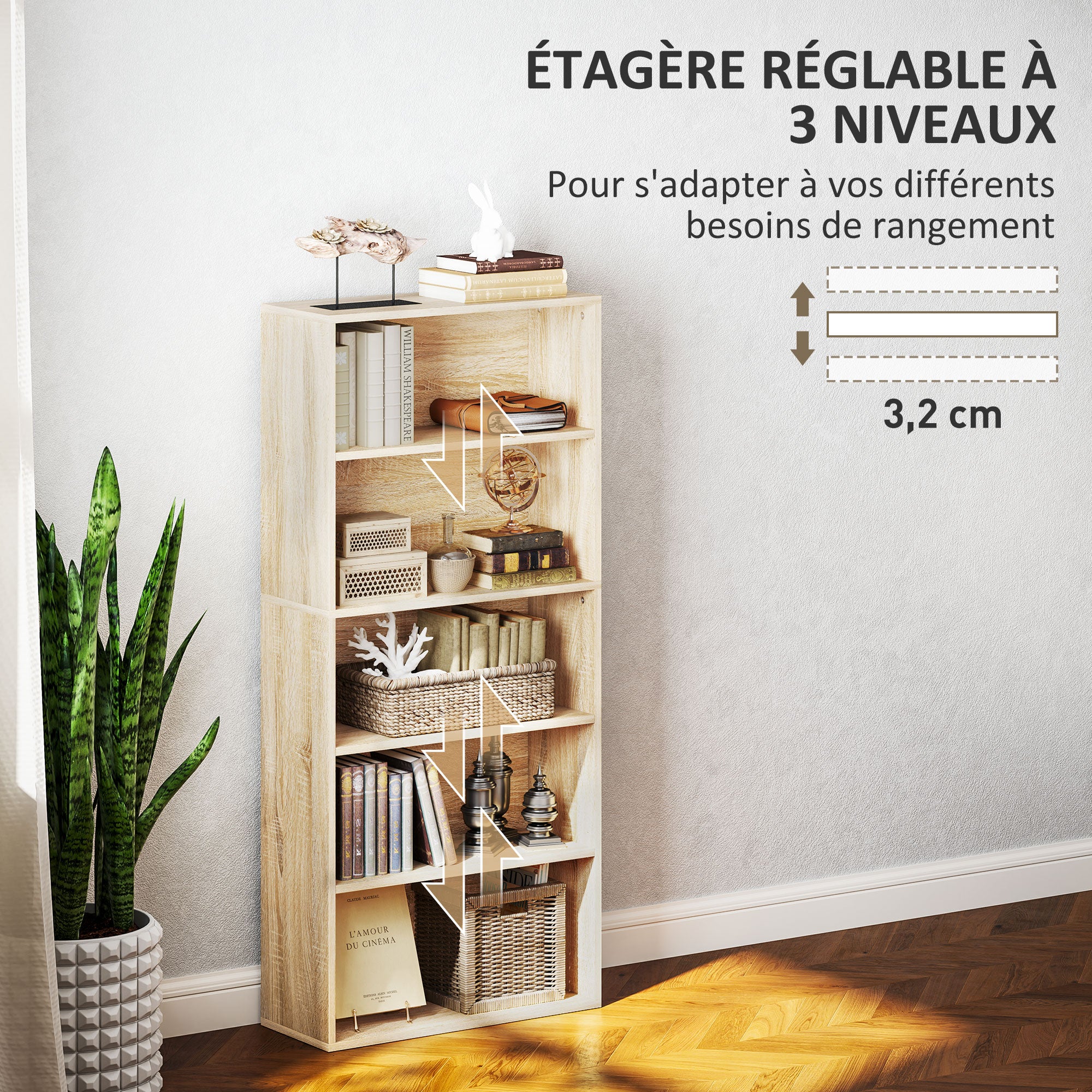 Bookcase, 5-Tier Storage Shelf, Bookshelf with Adjustable Shelves for Living Room, Bedroom, Office, 60 x 24 x 133.5 cm, Natural Wood