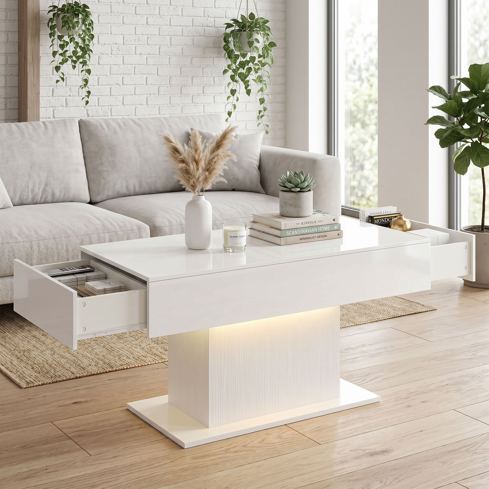 High-Gloss Coffee Table with LED Lighting, Modern Side Table with 2 Drawers, Remote-Controlled, 108 x 48 x 55 cm (42.5 x 18.9 x 21.7 in) – White
