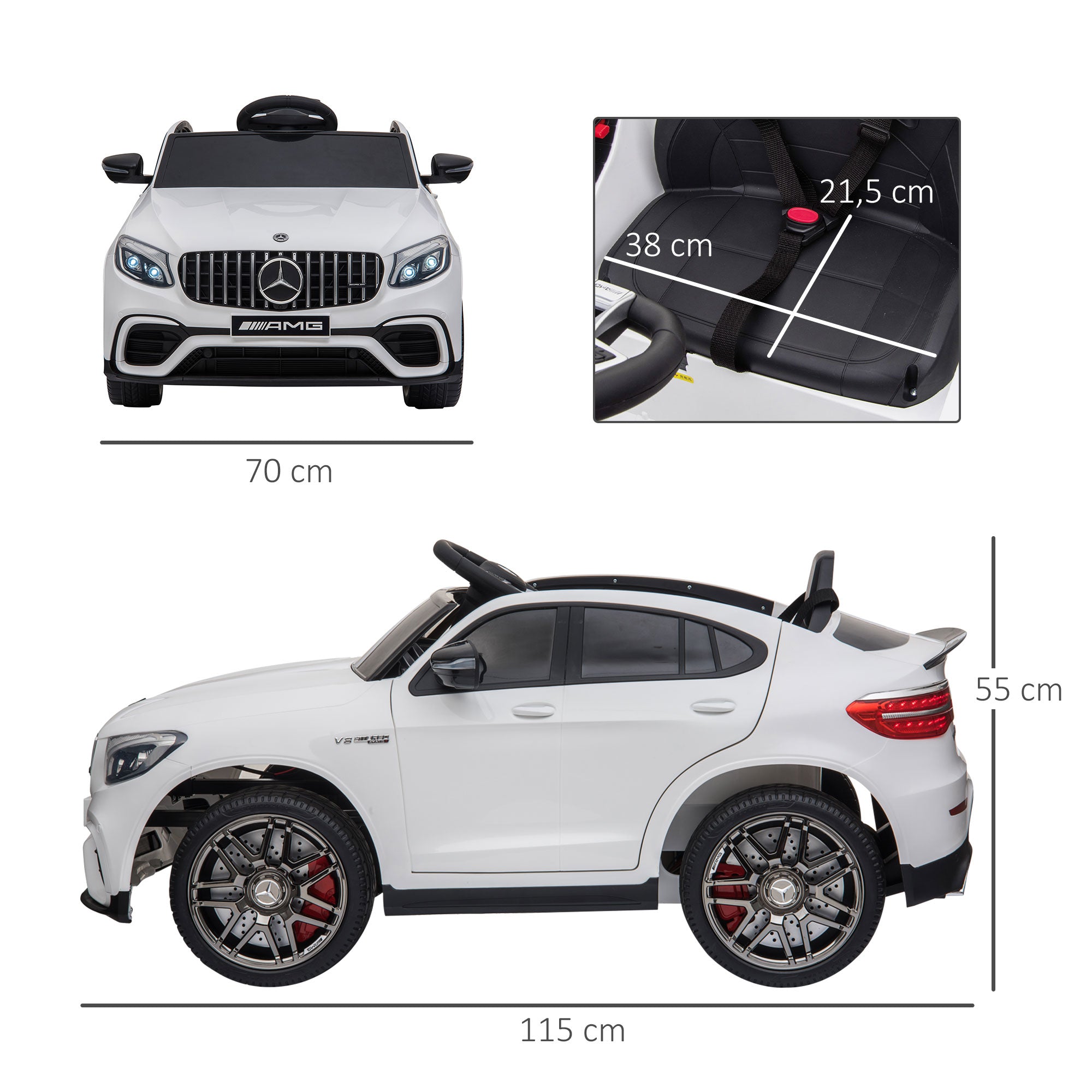 Children's Vehicle 12V Mercedes-Benz AMG GLC63S COUPE Licensed Electric Car with Remote Control Safety Belt 2 x 35W Motors MP337-60 Months White 115 x 70 x 55 cm