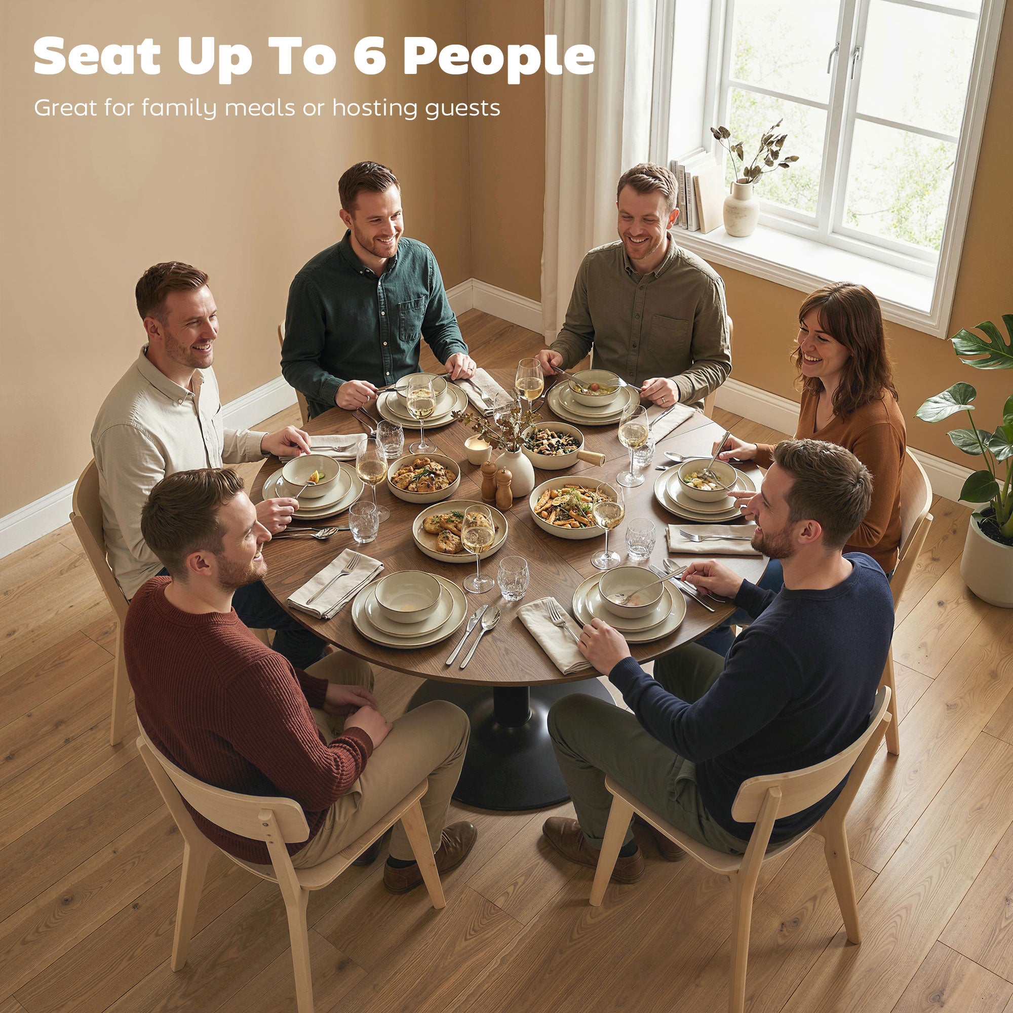 Round Dining Table for 6 — Ø 110 x 78 cm (43.3" Ø x 30.7" H), Large Top with Steel Base, Modern, Brown