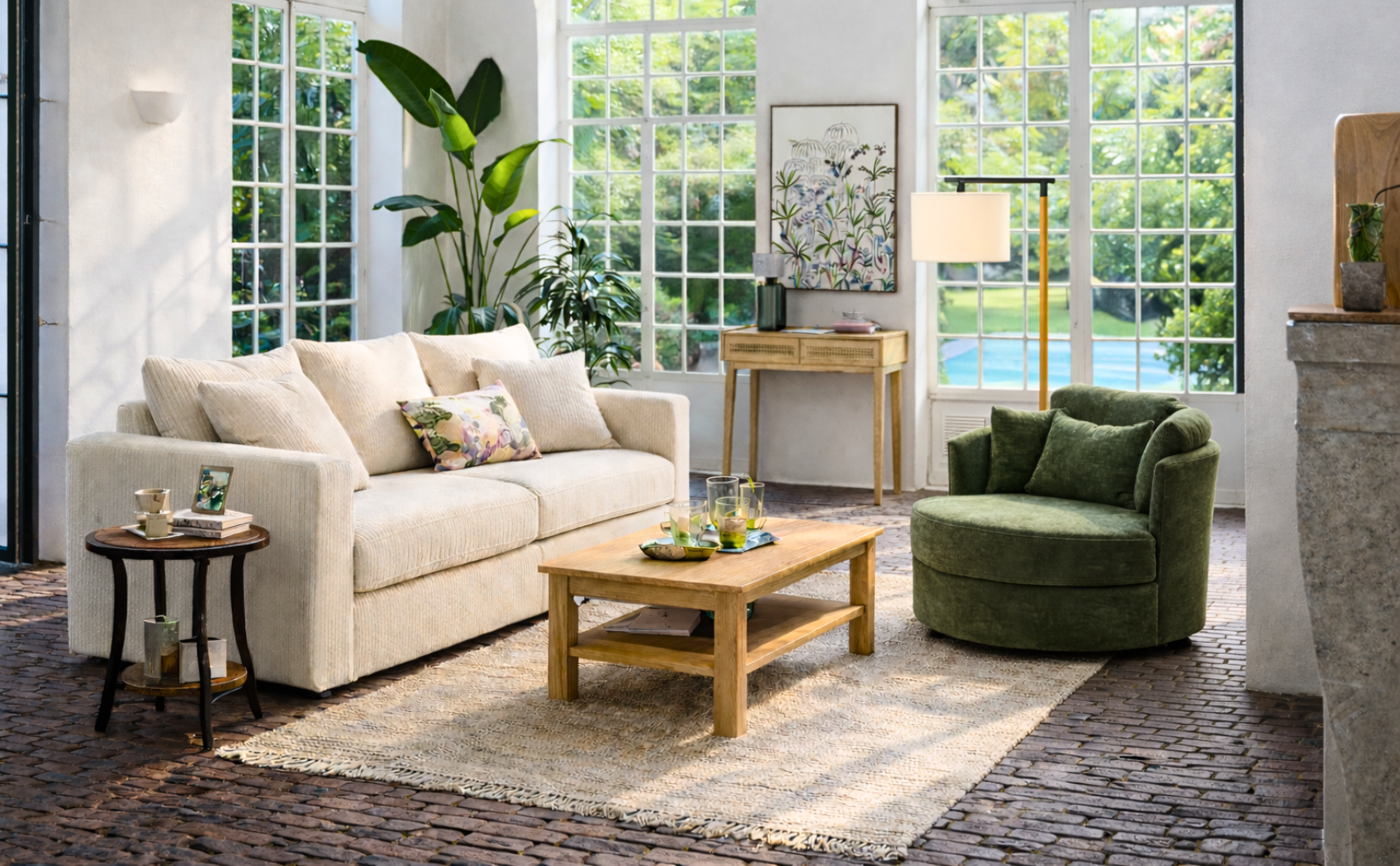 Living room with beige sofa, green armchair, and wooden coffee table.