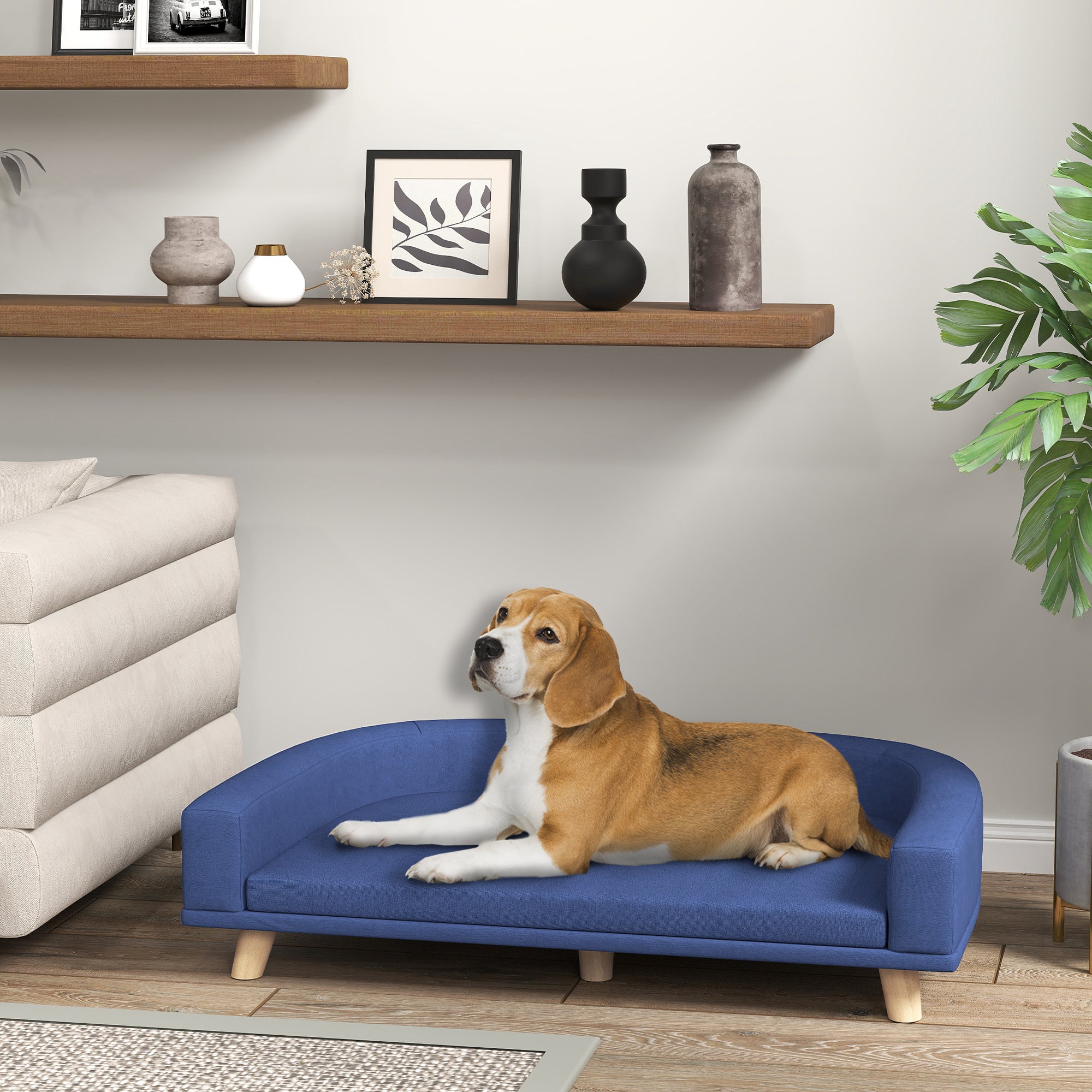 Dog Sofa Bed with Removable & Washable Cushion Cover, Scandinavian Polyester Fabric with Wooden Legs, 98 x 67 x 25 cm (38.6 x 26.4 x 9.8 in) - Blue