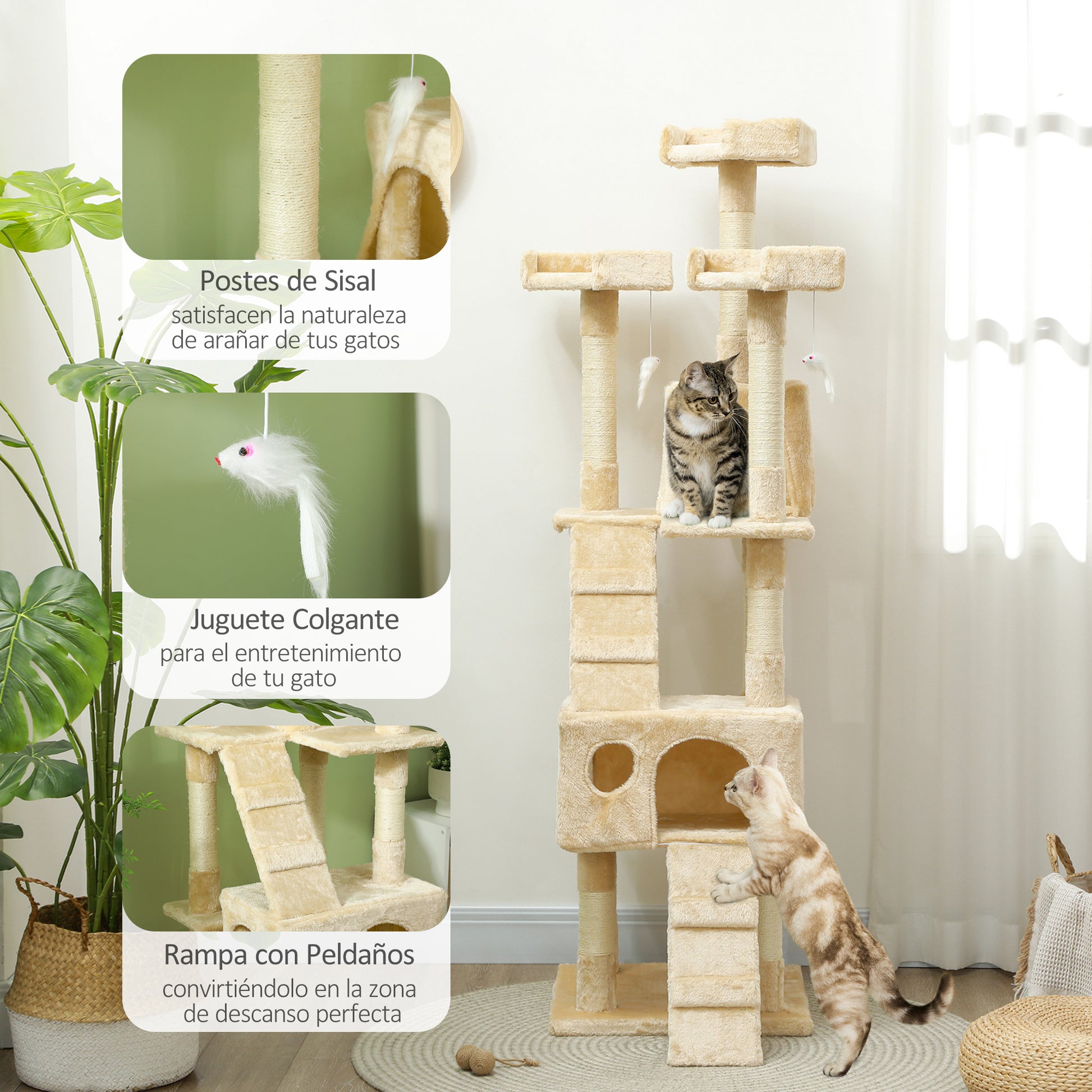 Cat Scratching Tree Large 49x49x173 cm with Multiple Levels with Caves Stairs Hanging Toys Beds Activity Center Sisal Beige