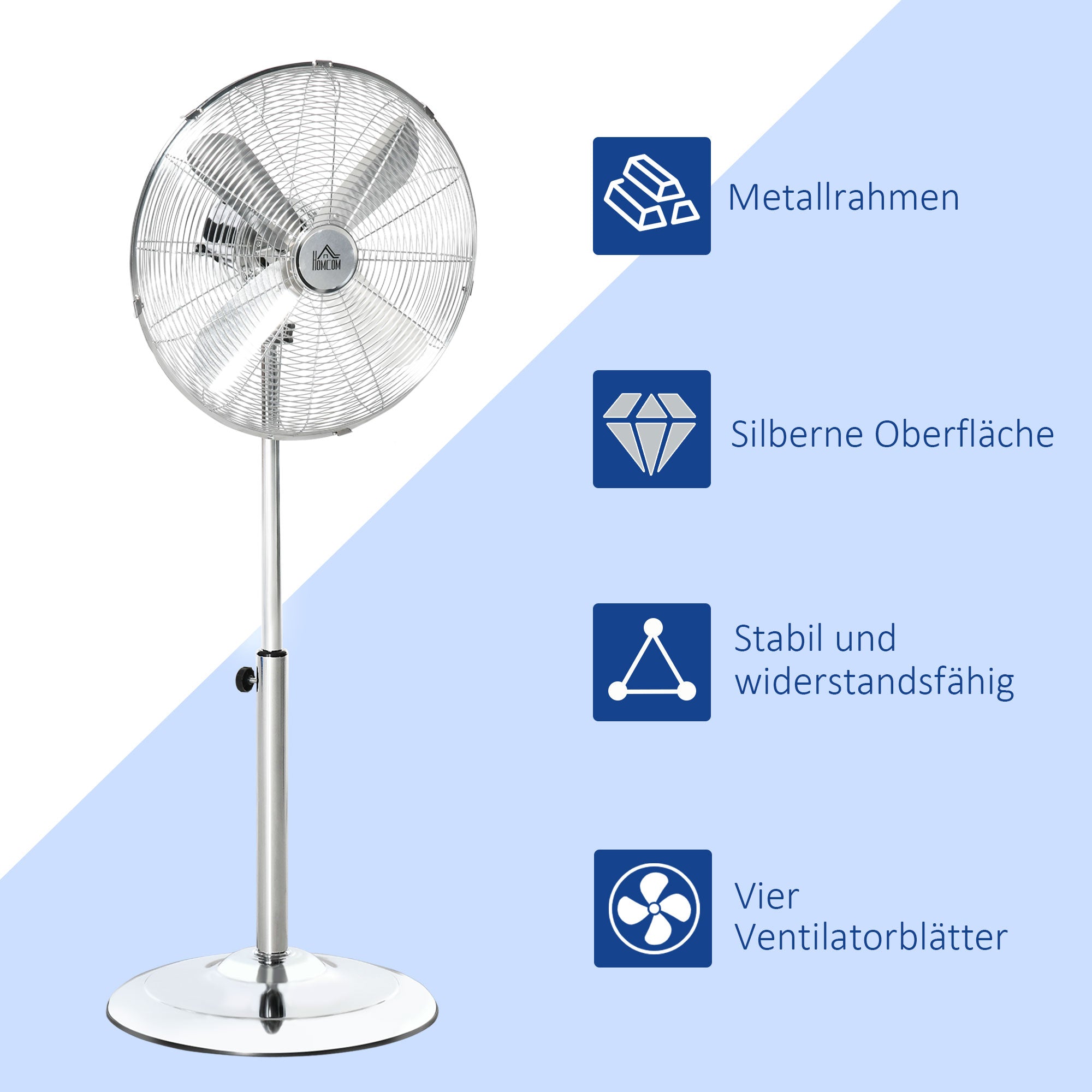 120 cm Stand Fan, Fan, Adjustable Height Fan, 3 Speeds, Adjustable Tilt Angle, Steel, Silver