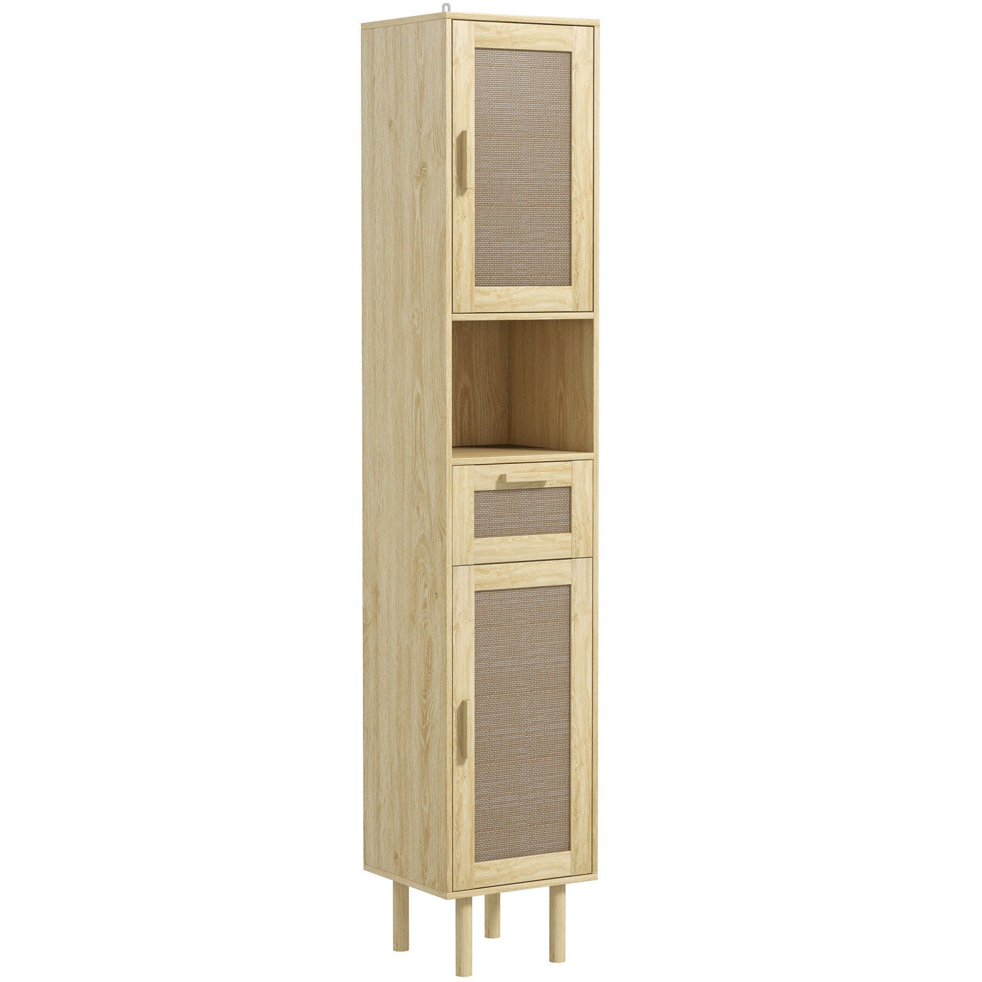 Bathroom Cabinet, Bathroom Storage Column, with Rattan Doors, Open Shelf, Drawer, 2 Cupboards, 32 x 30 x 170 cm, Oak Effect