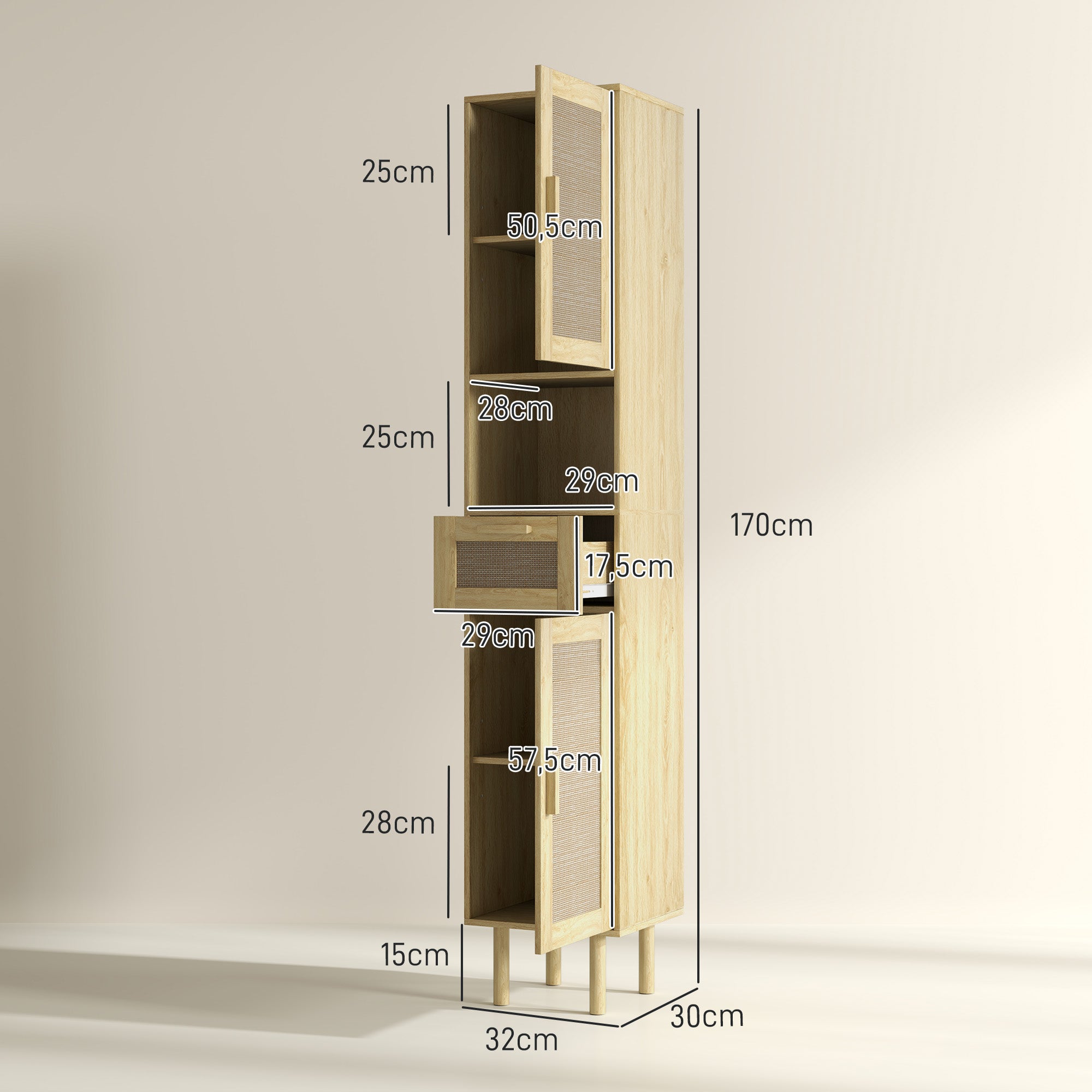 Bathroom Cabinet, Bathroom Storage Column, with Rattan Doors, Open Shelf, Drawer, 2 Cupboards, 32 x 30 x 170 cm, Oak Effect