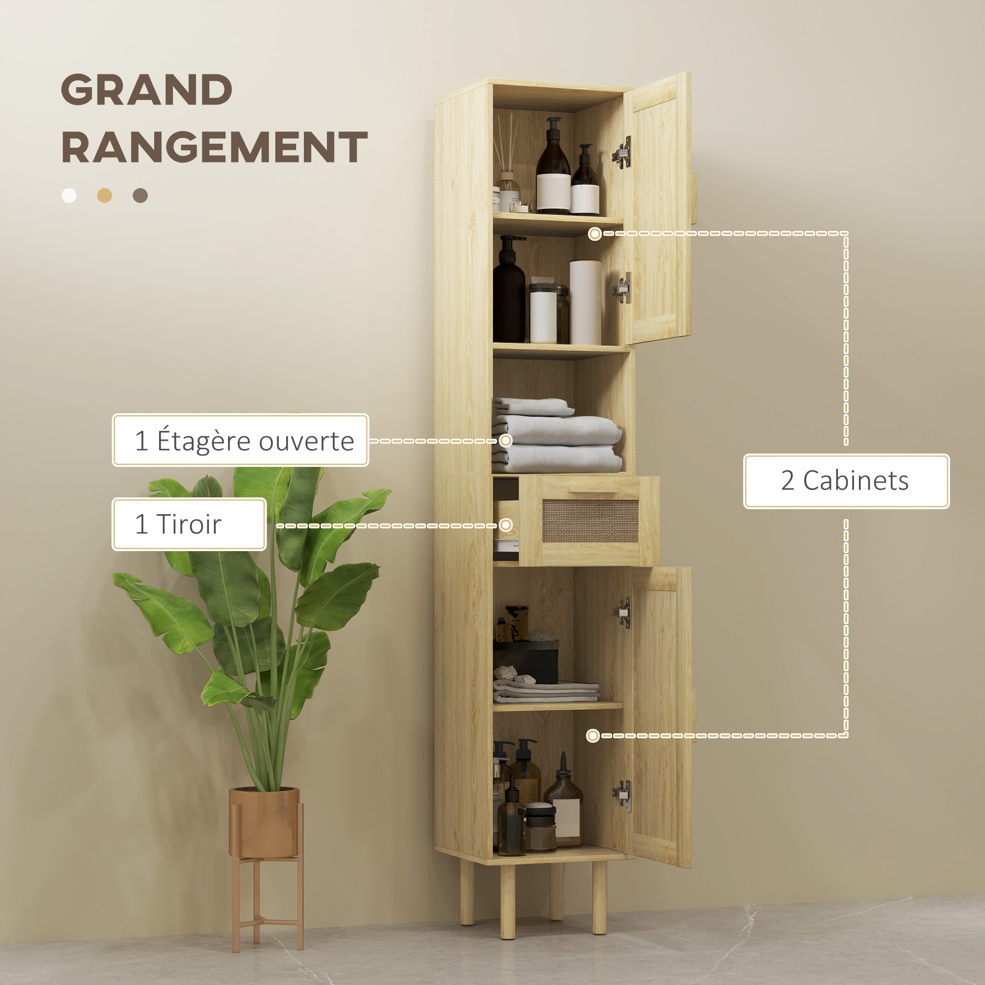 Bathroom Cabinet, Bathroom Storage Column, with Rattan Doors, Open Shelf, Drawer, 2 Cupboards, 32 x 30 x 170 cm, Oak Effect