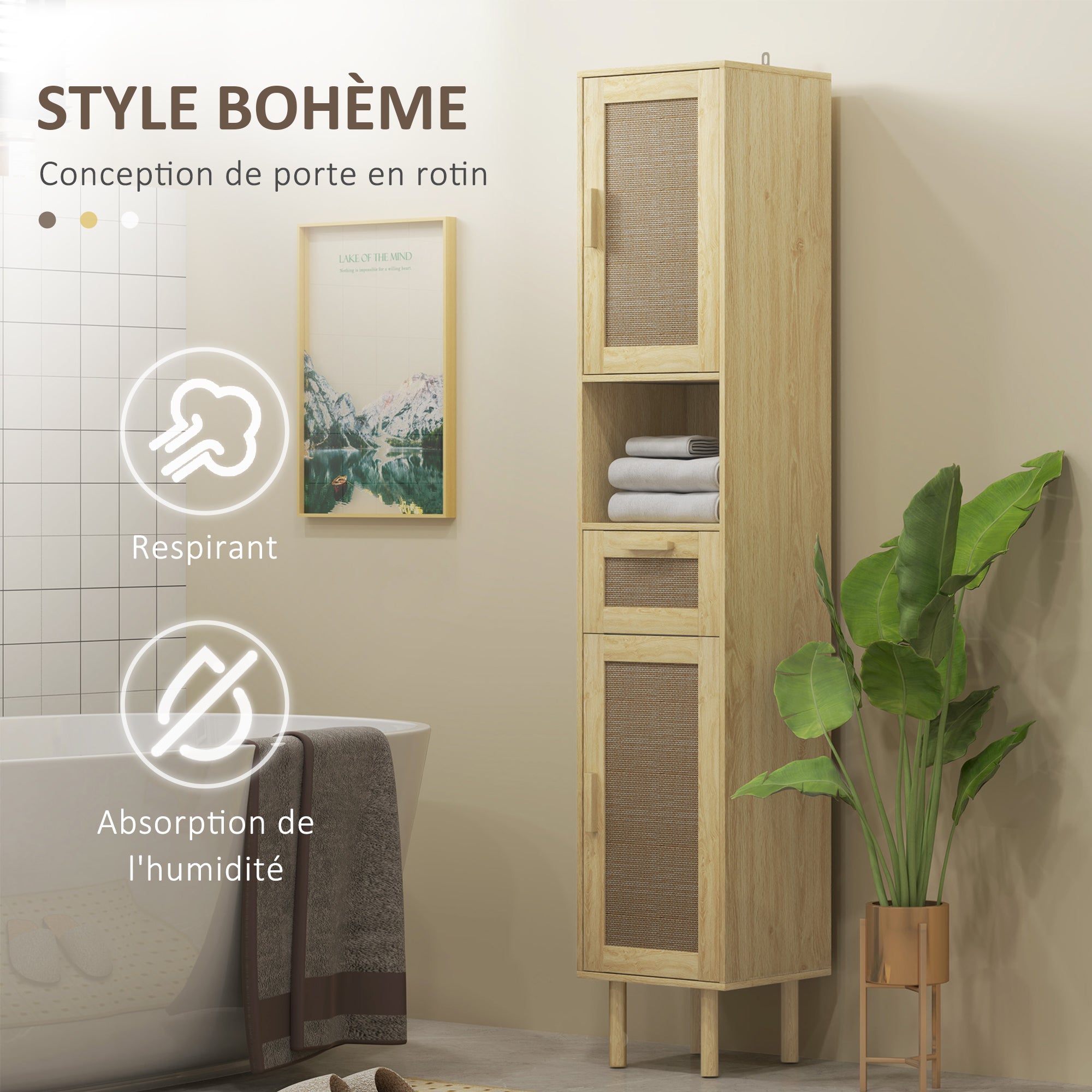 Bathroom Cabinet, Bathroom Storage Column, with Rattan Doors, Open Shelf, Drawer, 2 Cupboards, 32 x 30 x 170 cm, Oak Effect