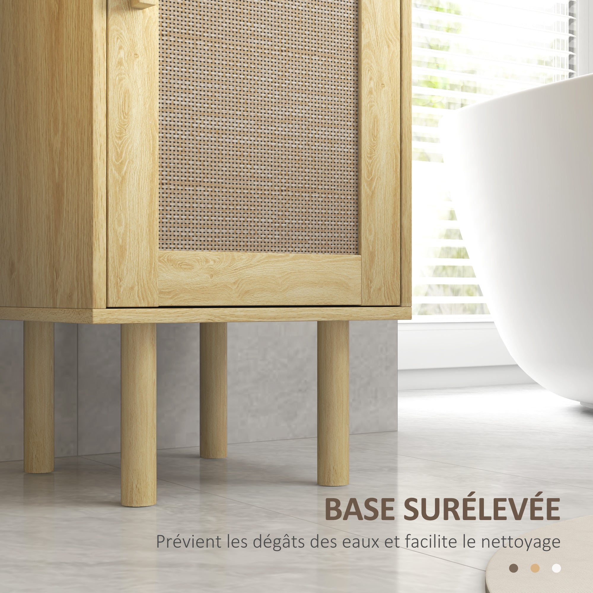 Bathroom Cabinet, Bathroom Storage Column, with Rattan Doors, Open Shelf, Drawer, 2 Cupboards, 32 x 30 x 170 cm, Oak Effect