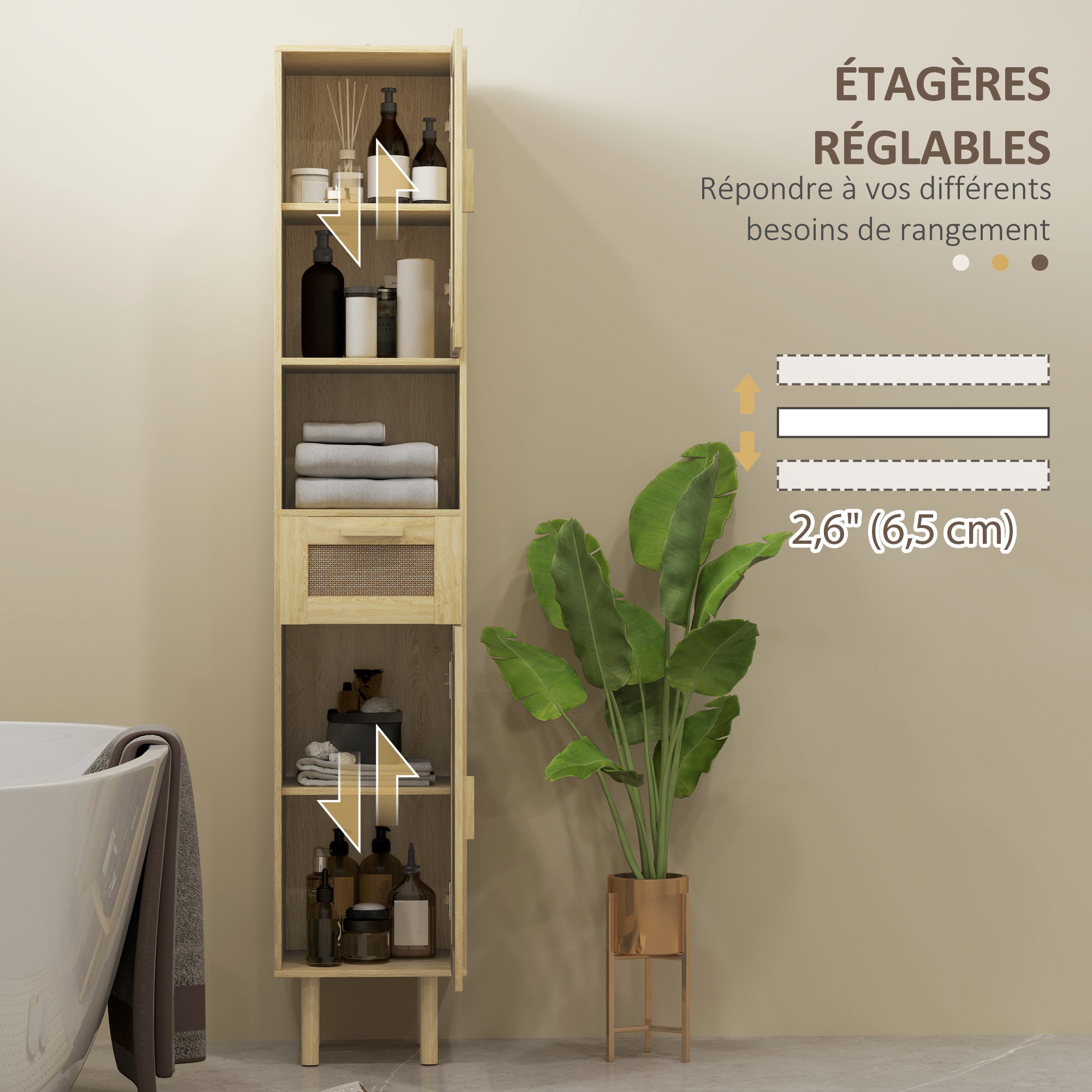 Bathroom Cabinet, Bathroom Storage Column, with Rattan Doors, Open Shelf, Drawer, 2 Cupboards, 32 x 30 x 170 cm, Oak Effect