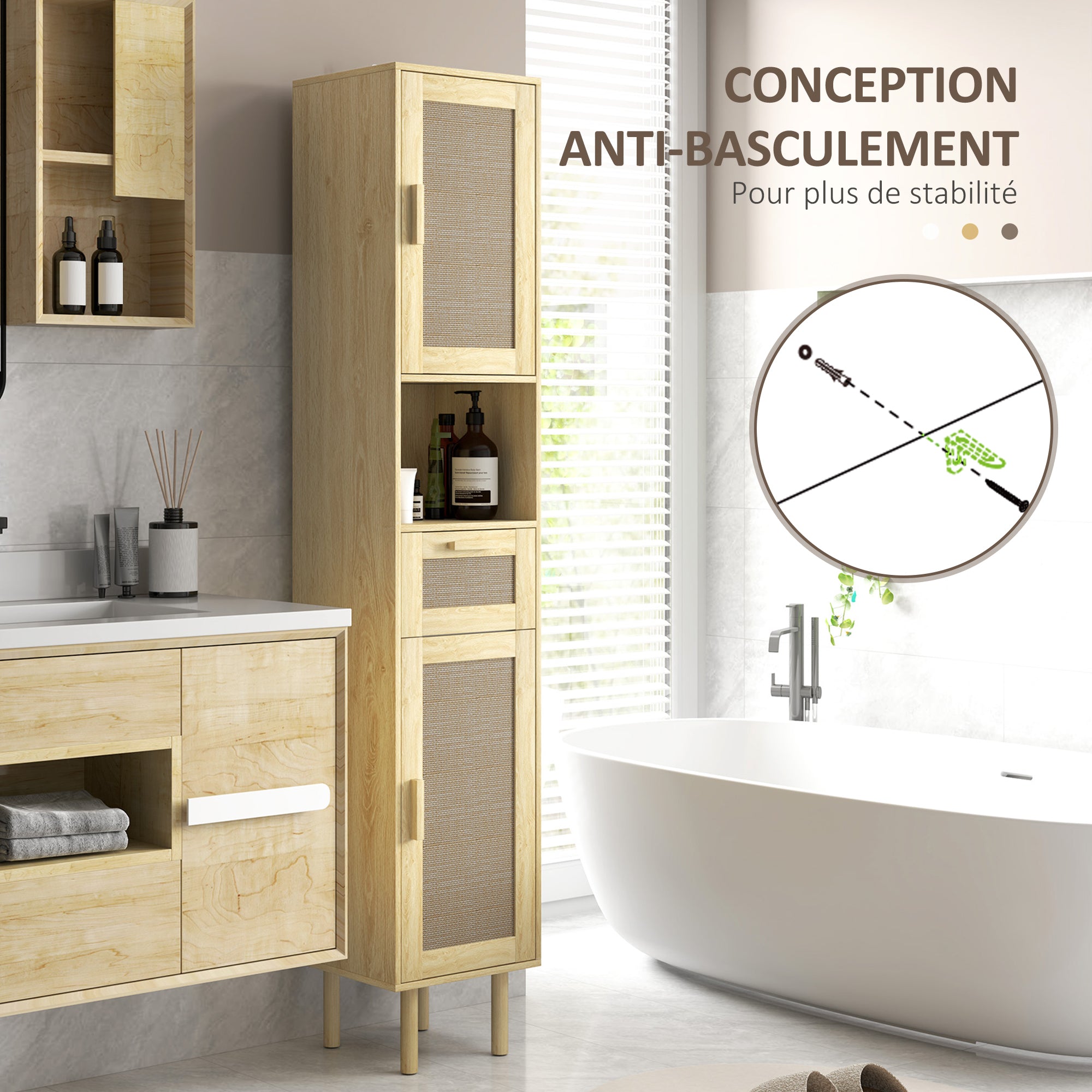 Bathroom Cabinet, Bathroom Storage Column, with Rattan Doors, Open Shelf, Drawer, 2 Cupboards, 32 x 30 x 170 cm, Oak Effect