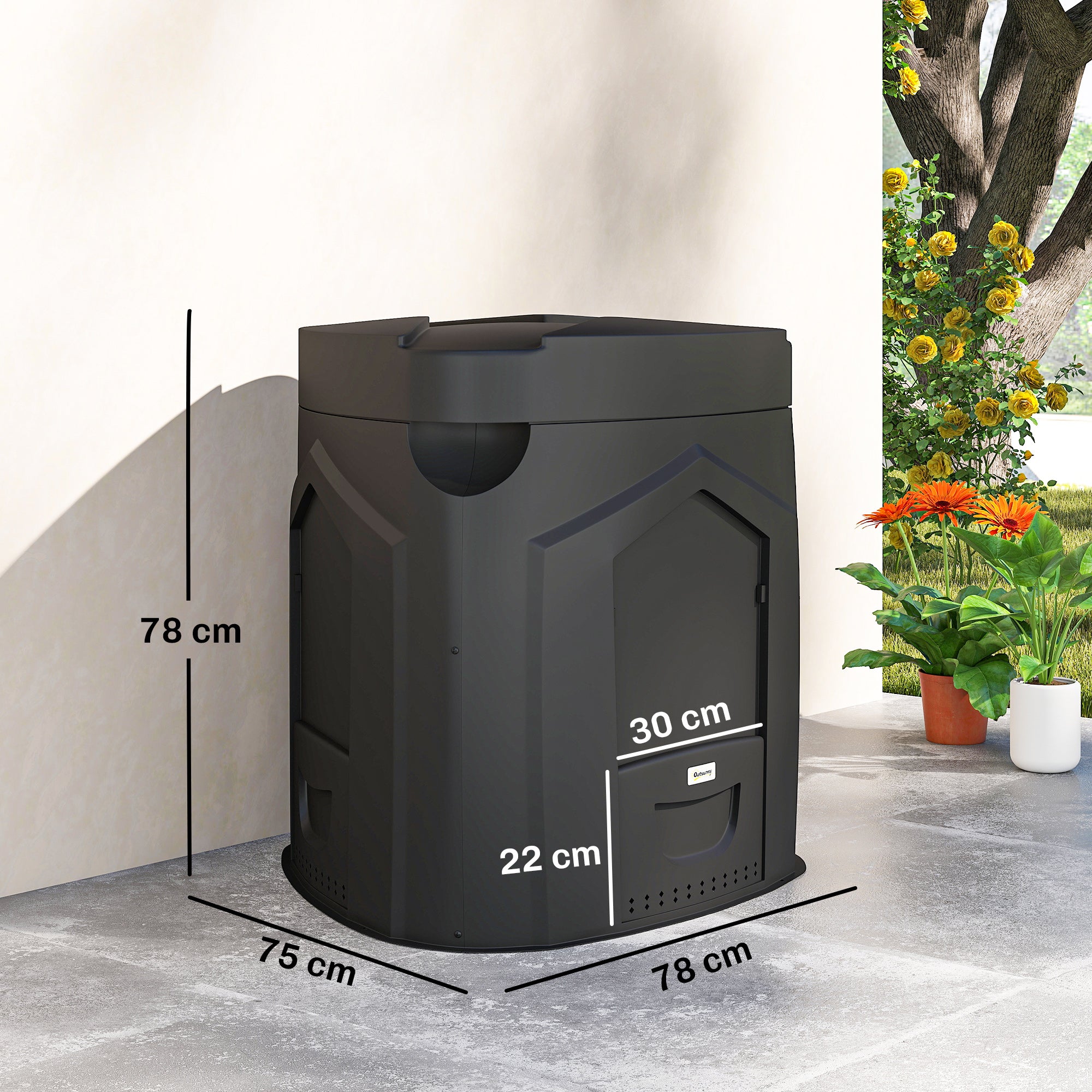 Garden Composter, 240 L (63.4 gal), 78 x 75 x 78 cm Triangular Compost Bin with 3 Doors, 66 Vent Holes & Open Bottom — Includes Gloves & Screwdriver, Black