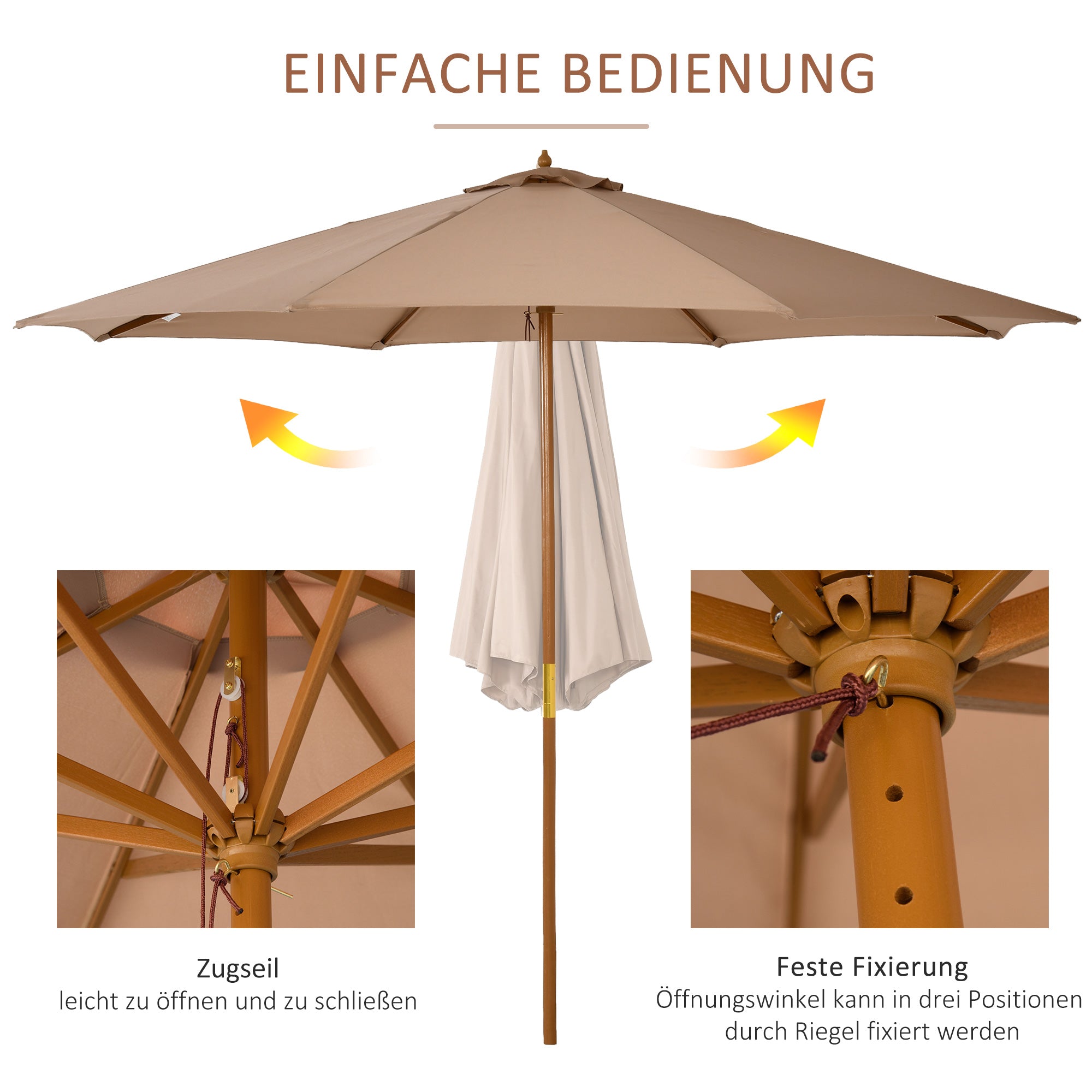 Sun Umbrella Ø 300 cm, Sun Umbrella with UV Protection Balcony Umbrella made of Wood Beach Umbrella Stable Market Umbrella Sun Protection for Beach Terrace Garden, Khaki