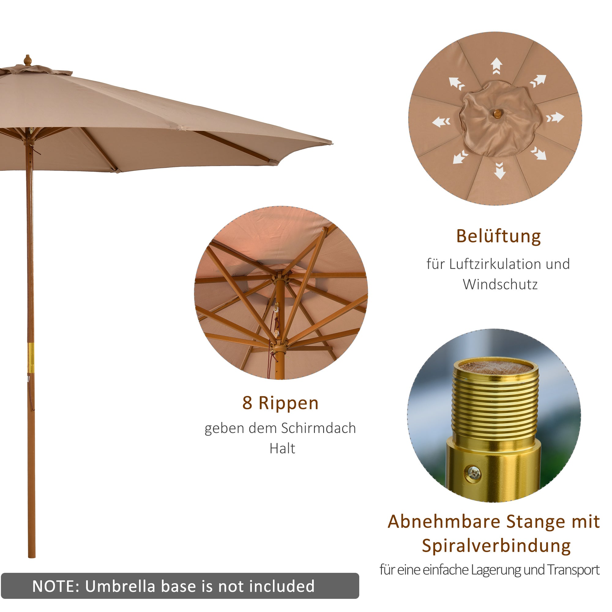 Sun Umbrella Ø 300 cm, Sun Umbrella with UV Protection Balcony Umbrella made of Wood Beach Umbrella Stable Market Umbrella Sun Protection for Beach Terrace Garden, Khaki